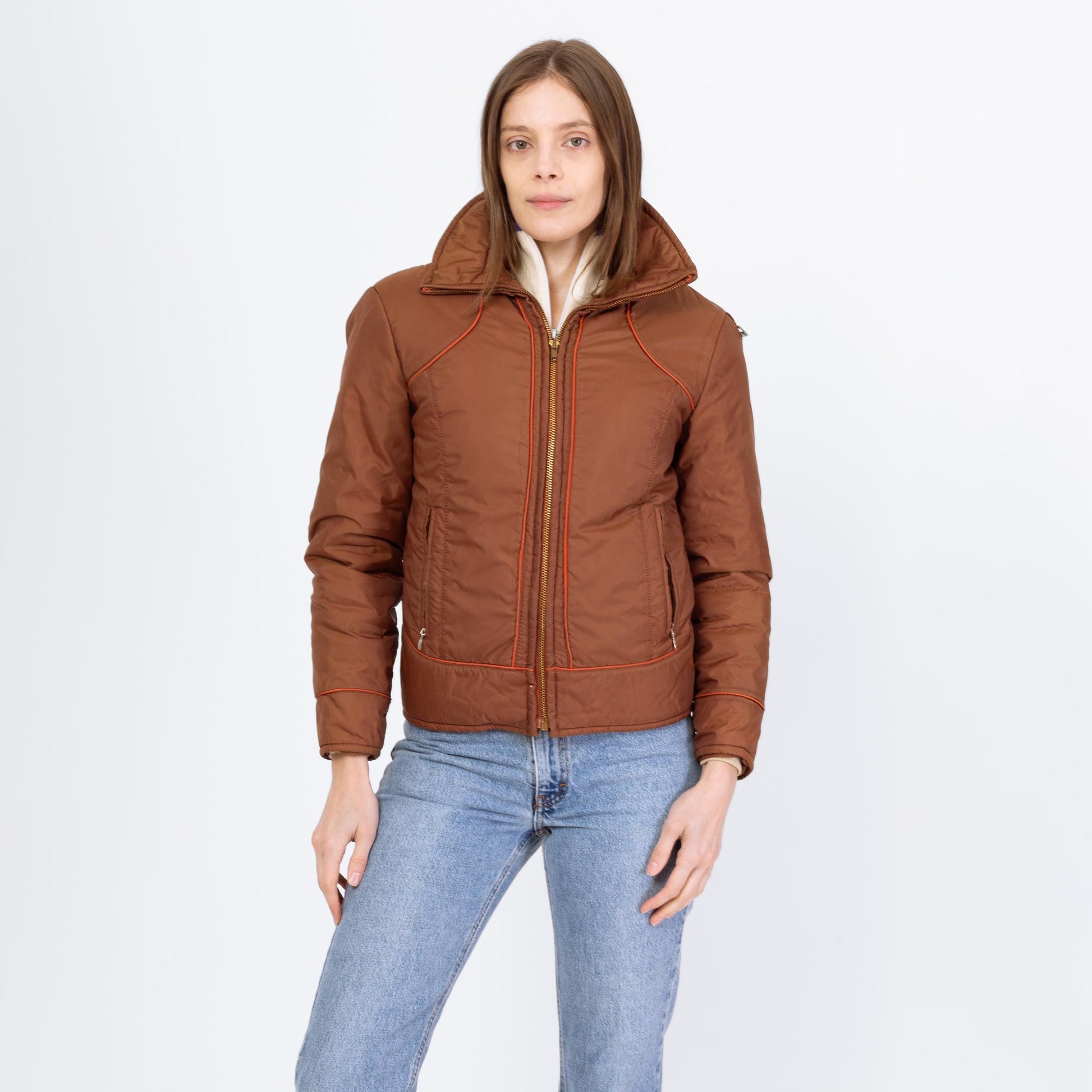 Vintage 70s 80s Chocolate Brown Puffer Ski Jacket - Extra Small | Retro Zip Up Down Fill Winter Coat
