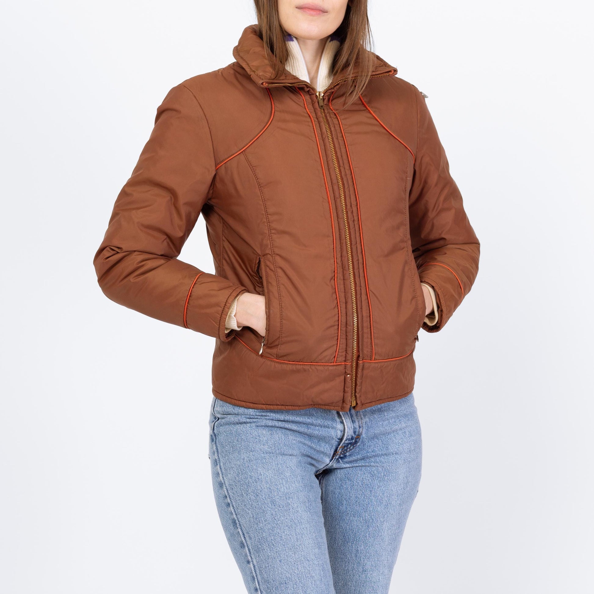 Vintage 70s 80s Chocolate Brown Puffer Ski Jacket - Extra Small | Retro Zip Up Down Fill Winter Coat