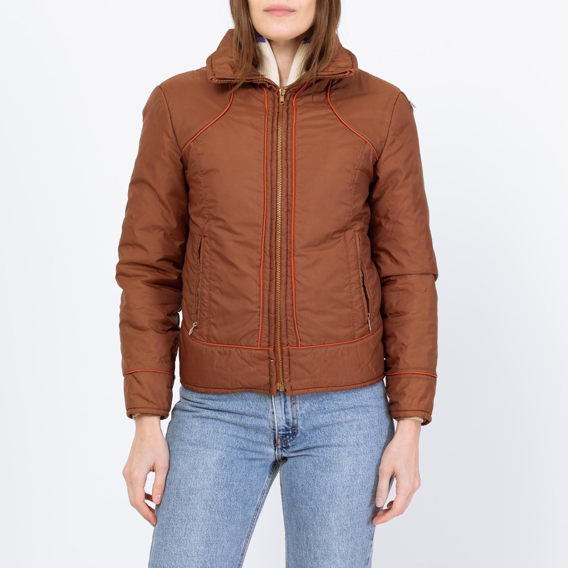 Vintage 70s 80s Chocolate Brown Puffer Ski Jacket - Extra Small | Retro Zip Up Down Fill Winter Coat