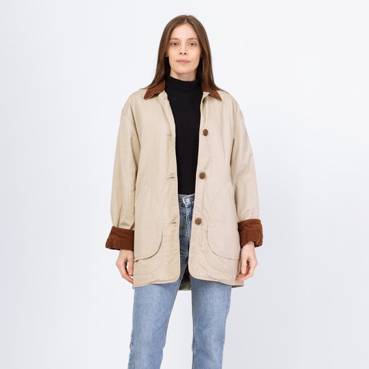 Vintage 90s Khaki Corduroy Trim Barn Jacket - Extra Small | Button Up Plaid Flannel Lined Field Chore Coat