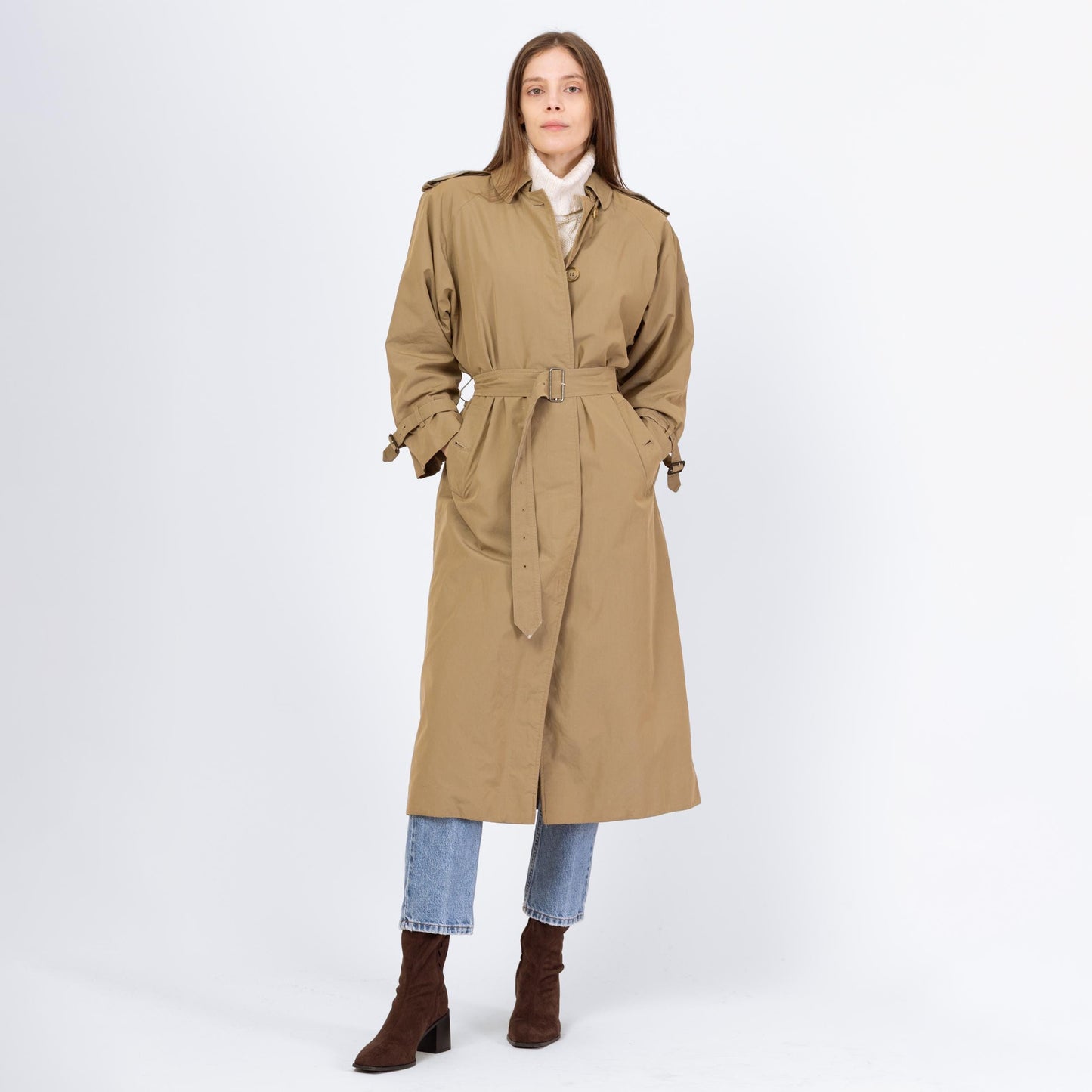 Vintage 90s Burberry Tan Belted Trench Coat - Medium to Large | Designer Plaid Lined Single Breasted Button Up Long Lightweight Jacket