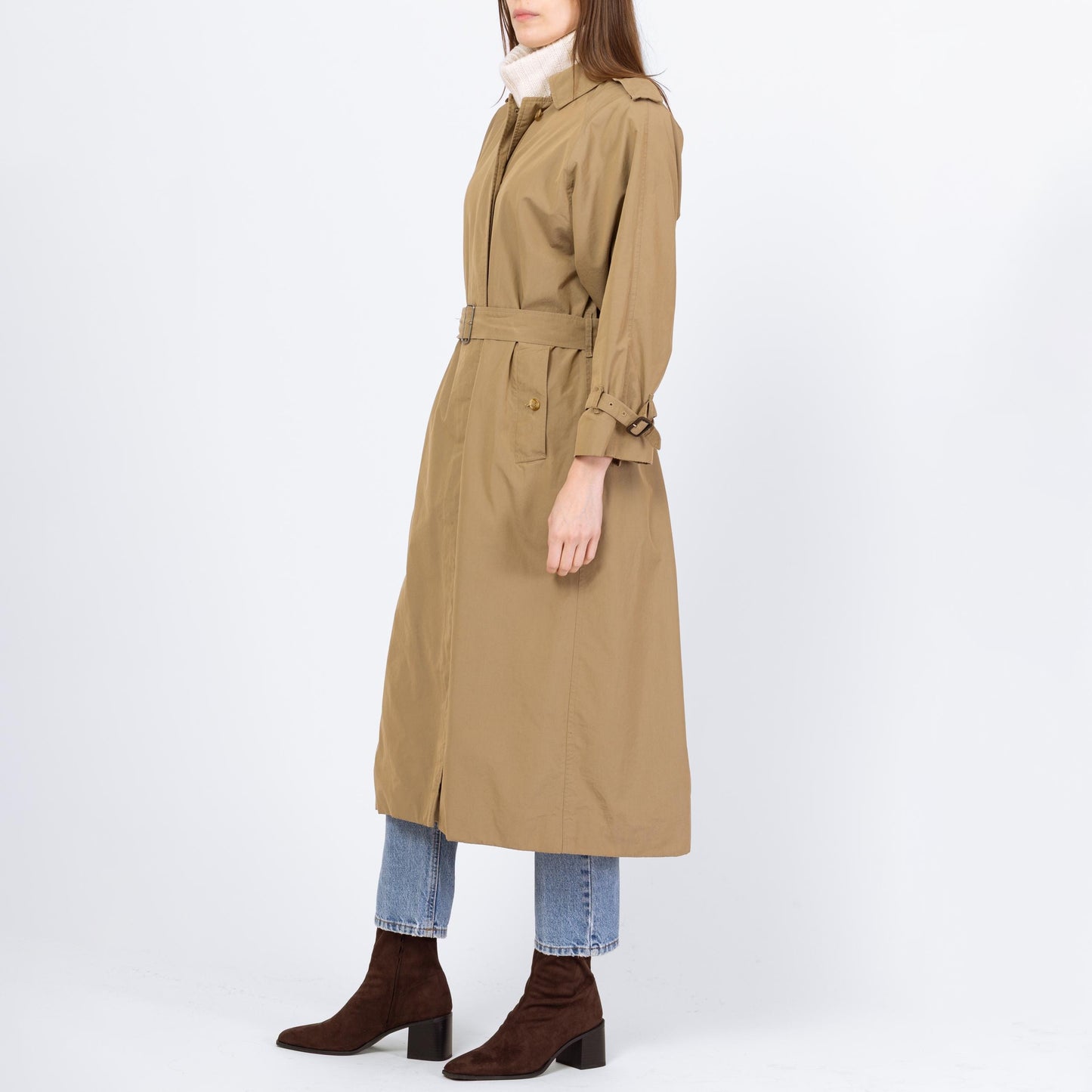 Vintage 90s Burberry Tan Belted Trench Coat - Medium to Large | Designer Plaid Lined Single Breasted Button Up Long Lightweight Jacket