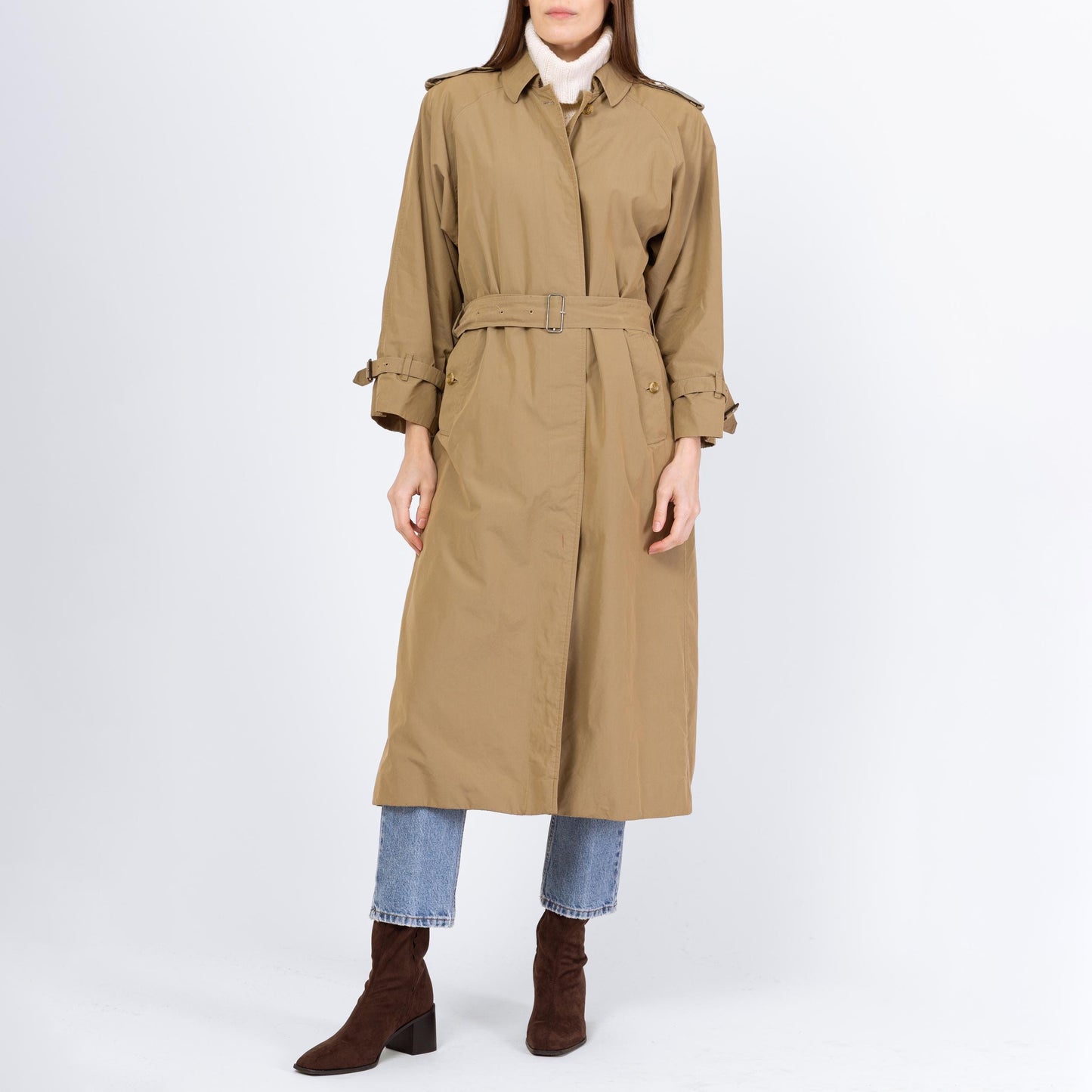 Vintage 90s Burberry Tan Belted Trench Coat - Medium to Large | Designer Plaid Lined Single Breasted Button Up Long Lightweight Jacket