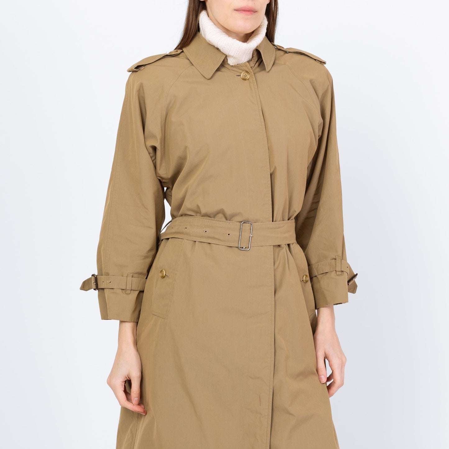 Vintage 90s Burberry Tan Belted Trench Coat - Medium to Large | Designer Plaid Lined Single Breasted Button Up Long Lightweight Jacket