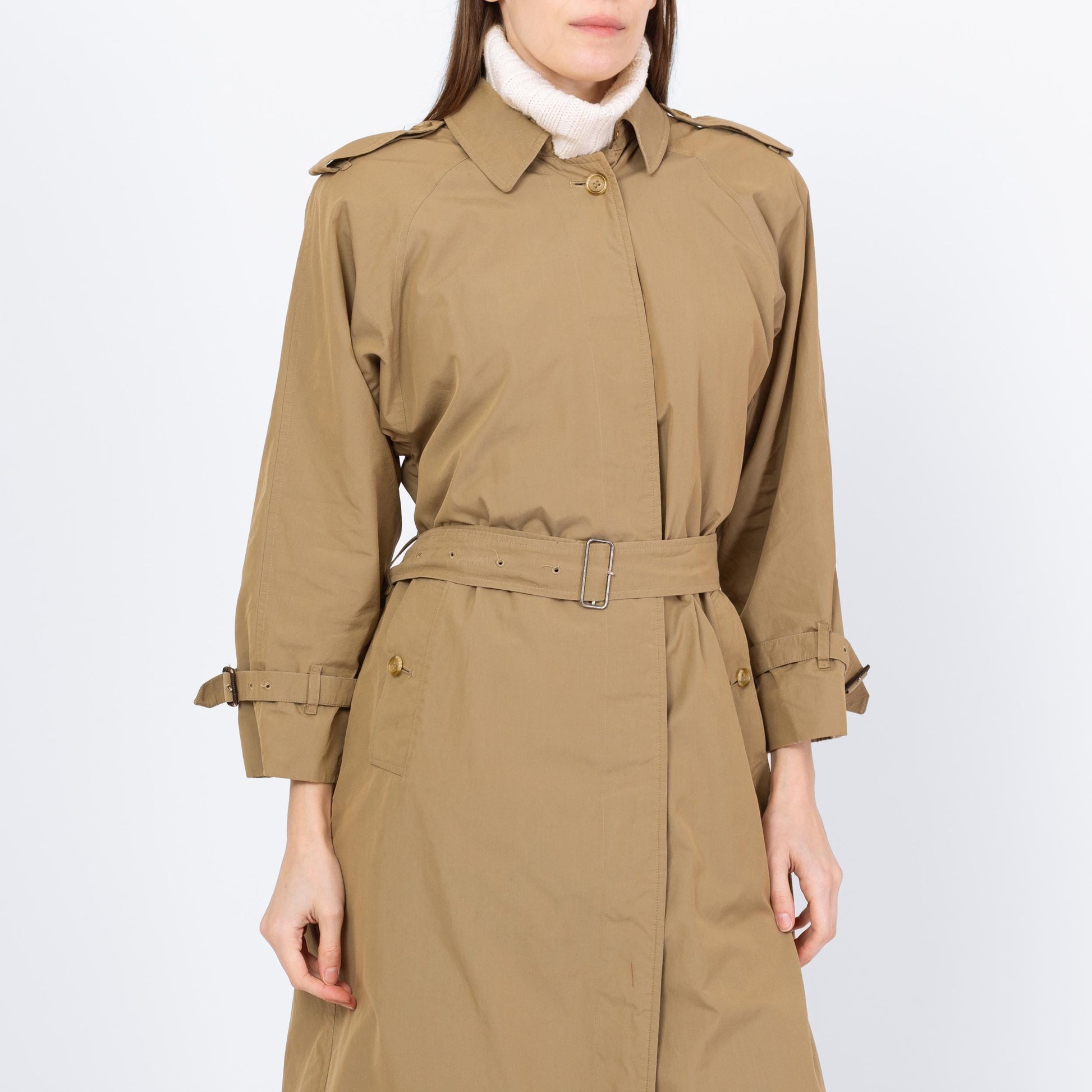 Vintage 90s Burberry Tan Belted Trench Coat - Medium to Large | Designer Plaid Lined Single Breasted Button Up Long Lightweight Jacket