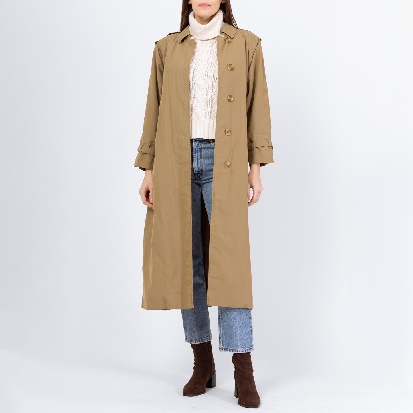 Vintage 90s Burberry Tan Belted Trench Coat - Medium to Large | Designer Plaid Lined Single Breasted Button Up Long Lightweight Jacket