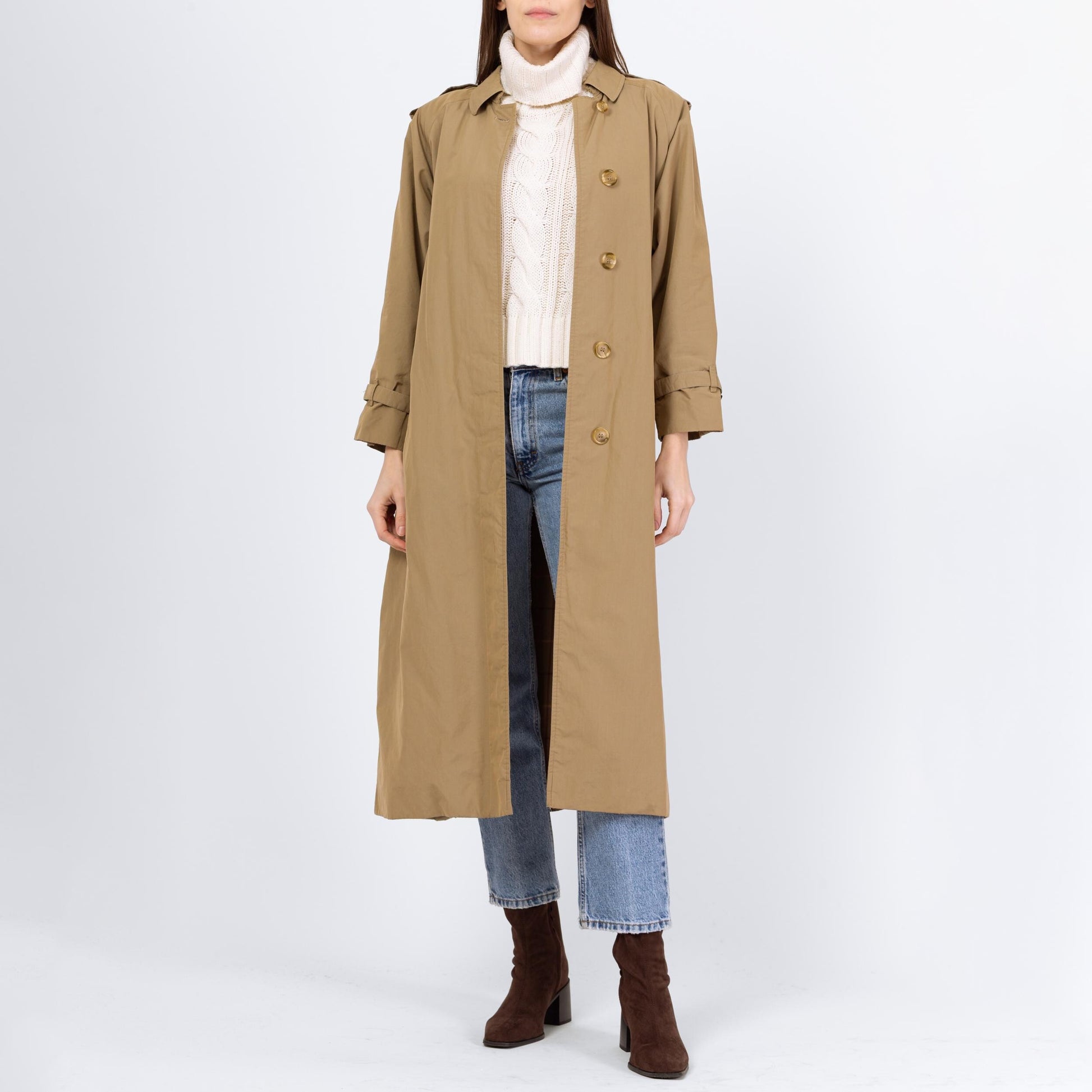 Vintage 90s Burberry Tan Belted Trench Coat - Medium to Large | Designer Plaid Lined Single Breasted Button Up Long Lightweight Jacket