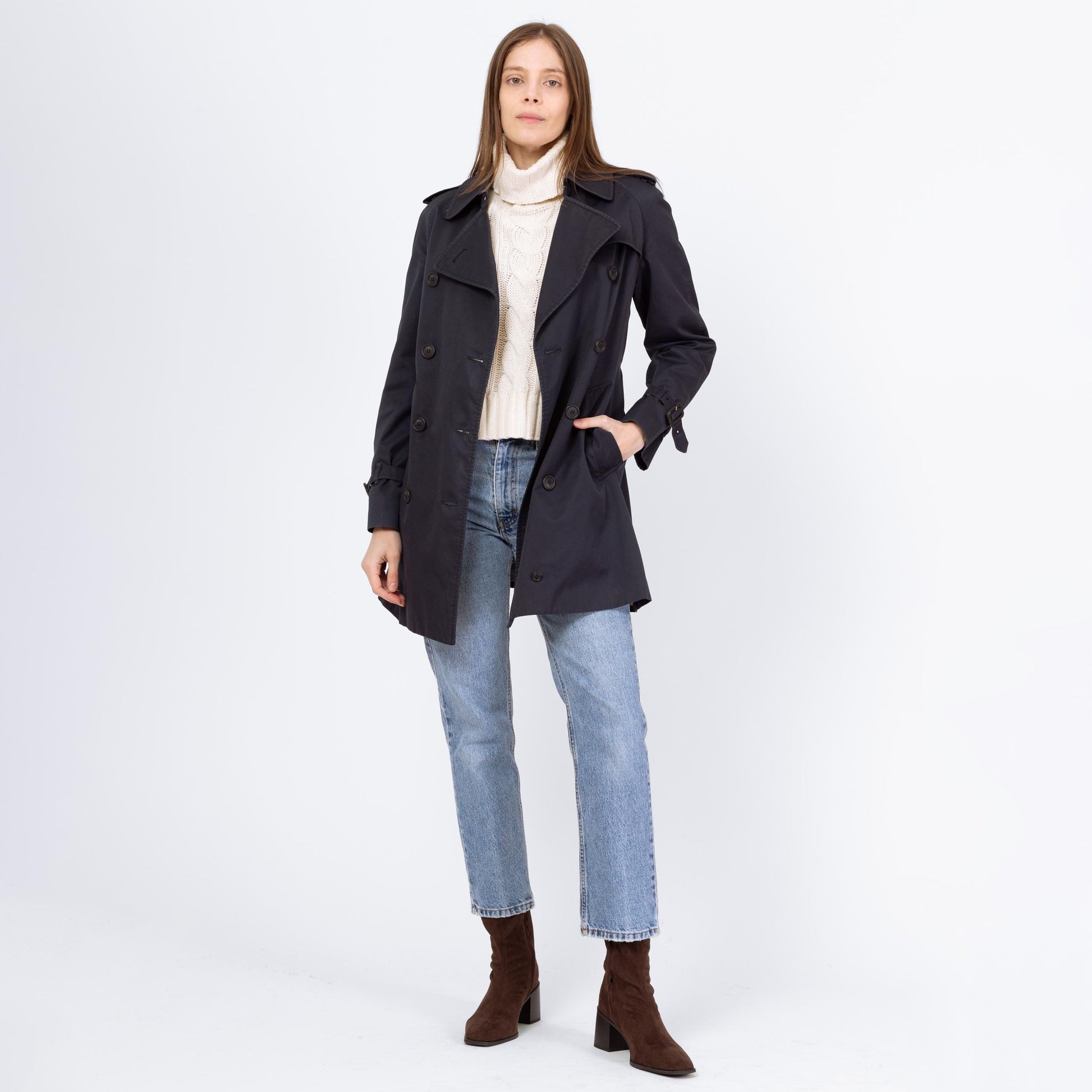 Vintage 90s Burberry Navy Blue Short Belted Trench Coat - Small to Medium | Designer Plaid Lined Double Breasted Lightweight Jacket