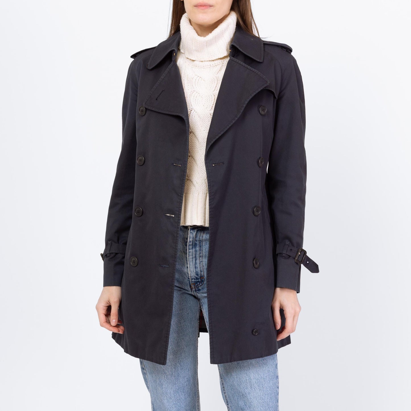 Vintage 90s Burberry Navy Blue Short Belted Trench Coat - Small to Medium | Designer Plaid Lined Double Breasted Lightweight Jacket