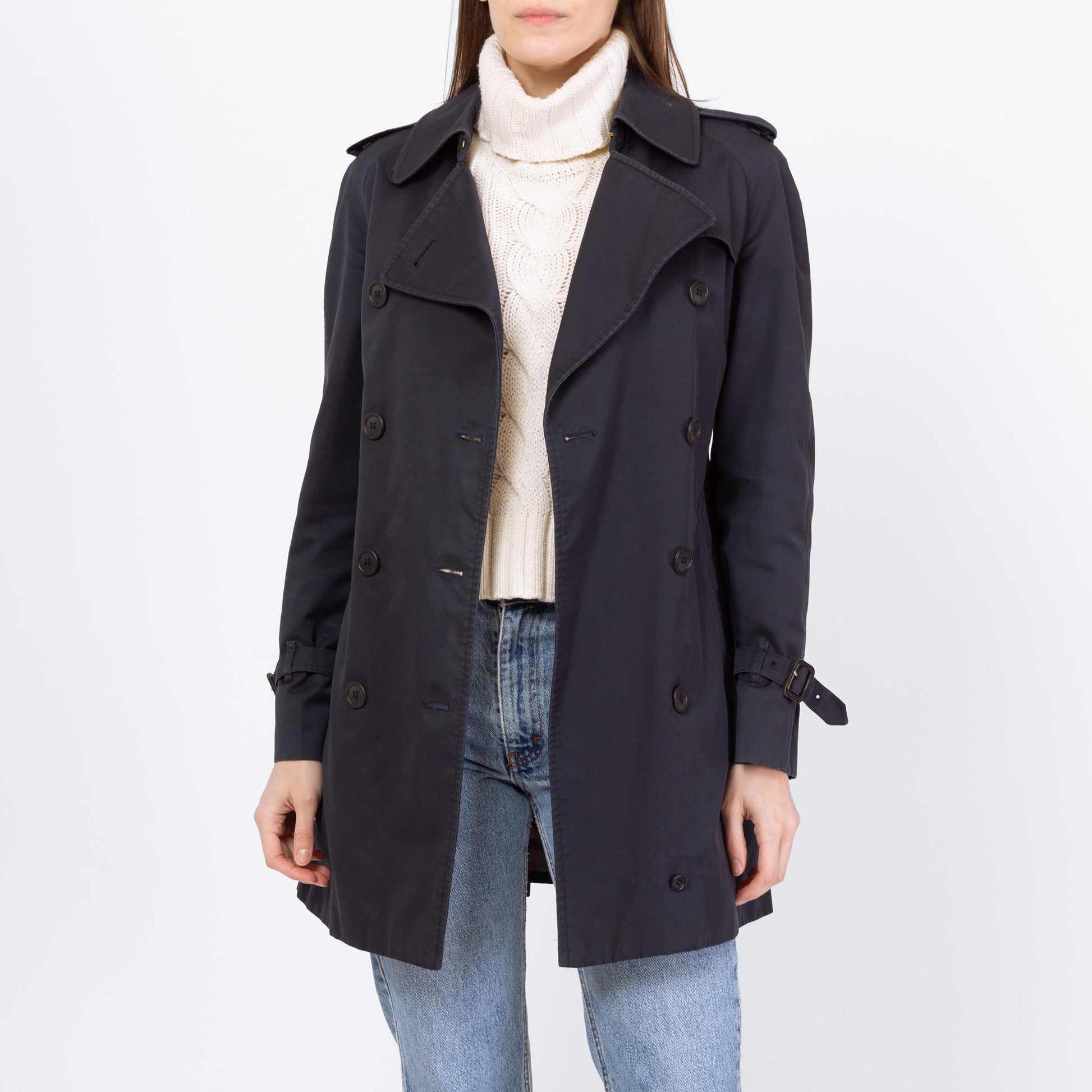 Vintage 90s Burberry Navy Blue Short Belted Trench Coat - Small to Medium | Designer Plaid Lined Double Breasted Lightweight Jacket