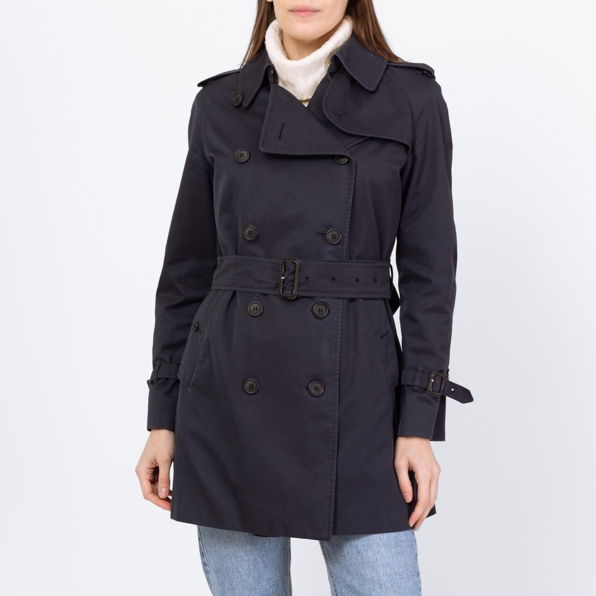 Vintage 90s Burberry Navy Blue Short Belted Trench Coat - Small to Medium | Designer Plaid Lined Double Breasted Lightweight Jacket