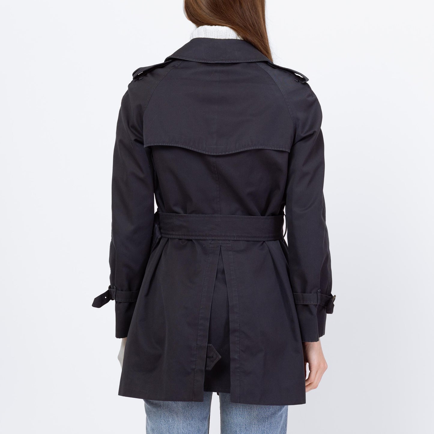 Vintage 90s Burberry Navy Blue Short Belted Trench Coat - Small to Medium | Designer Plaid Lined Double Breasted Lightweight Jacket