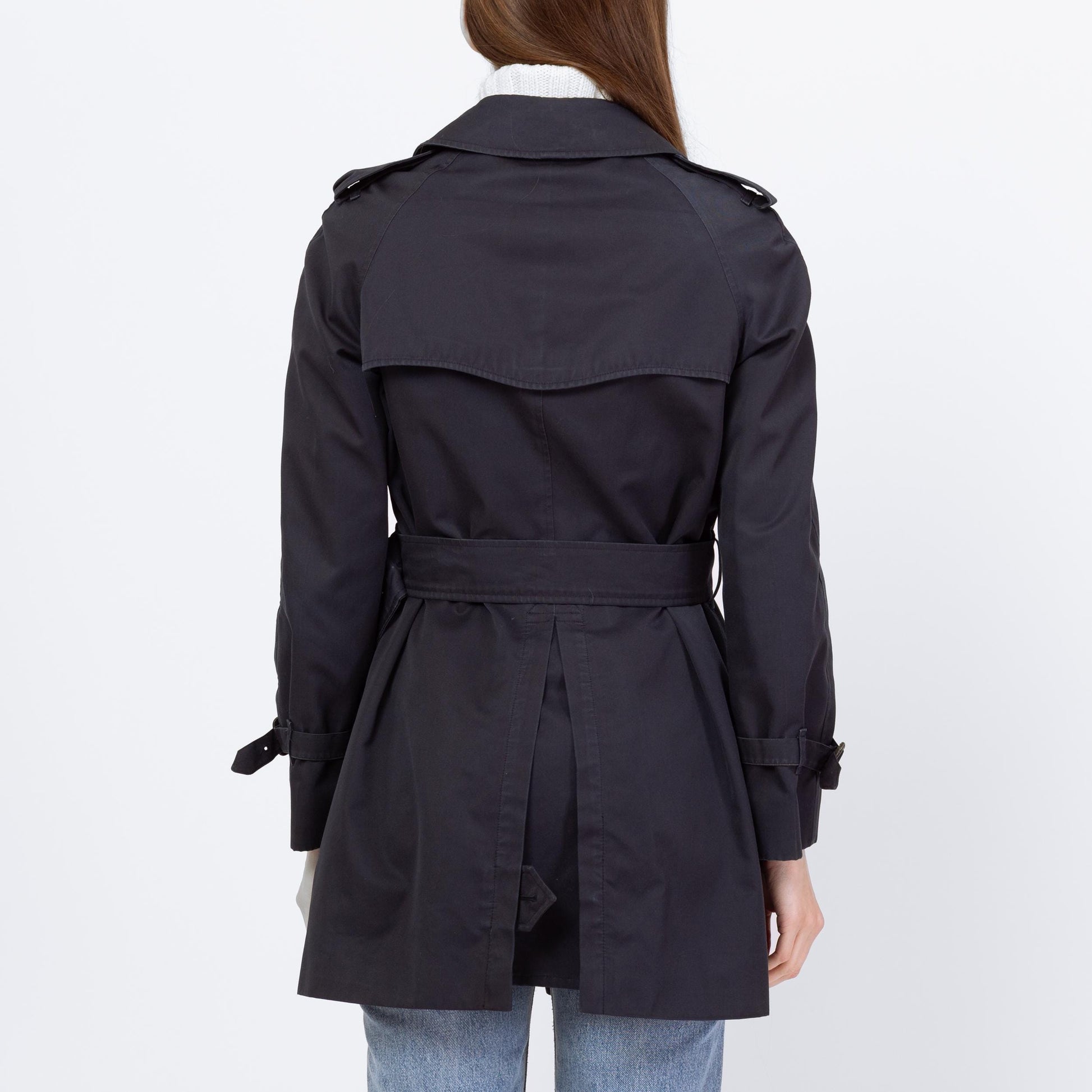 Vintage 90s Burberry Navy Blue Short Belted Trench Coat - Small to Medium | Designer Plaid Lined Double Breasted Lightweight Jacket