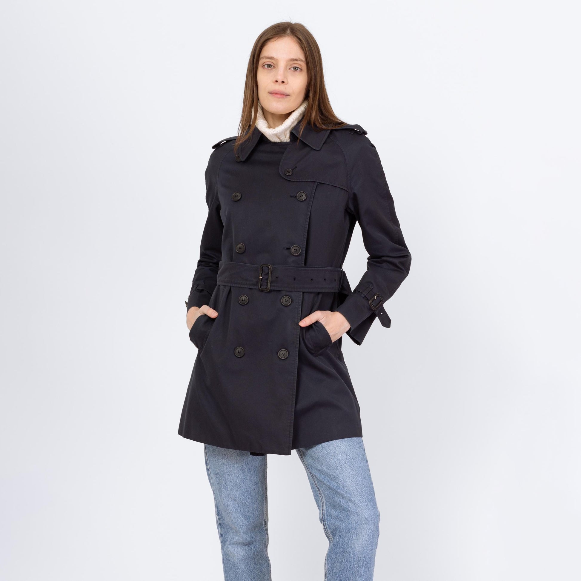 Vintage 90s Burberry Navy Blue Short Belted Trench Coat - Small to Medium | Designer Plaid Lined Double Breasted Lightweight Jacket