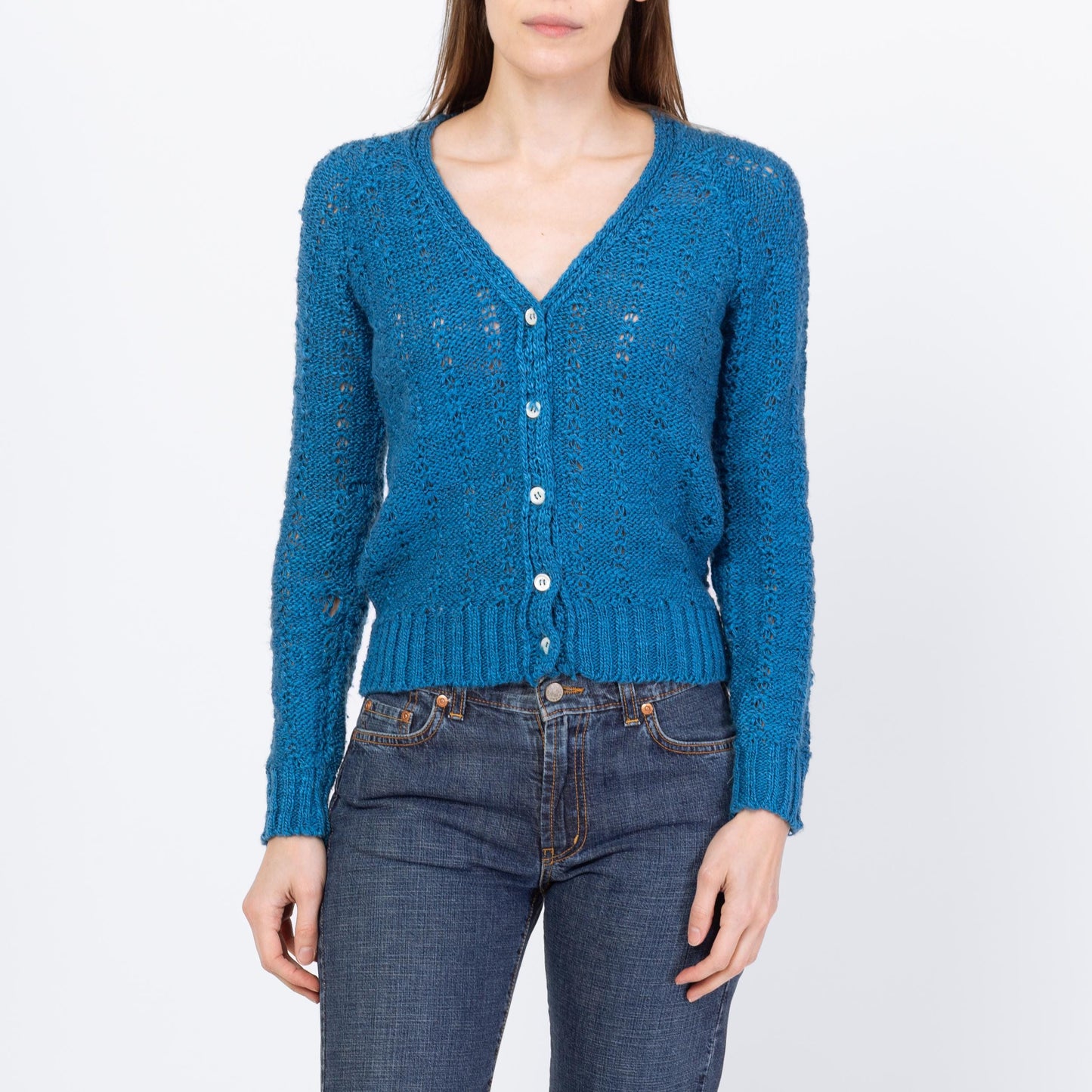 Vintage 80s Peacock Blue Cropped Cardigan - Small to Medium | Open Weave V Neck Button Up Sweater