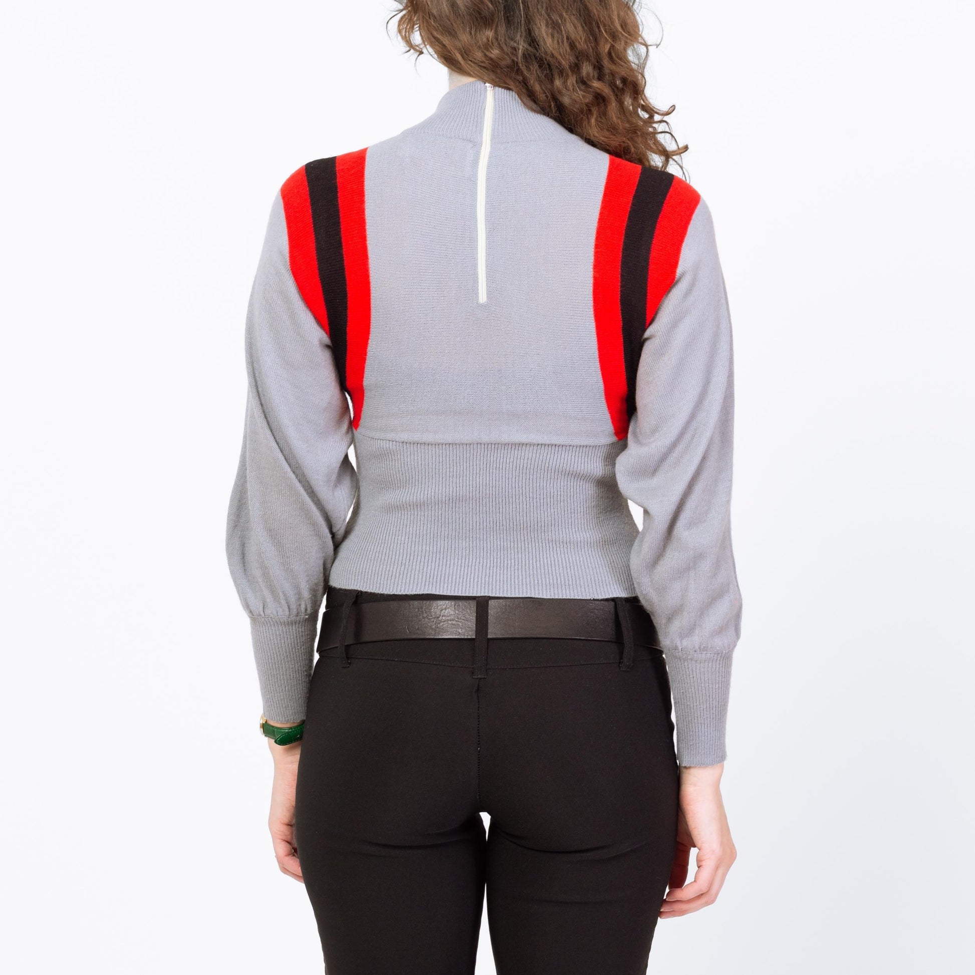 Vintage 70s Racing Striped Cropped Ski Sweater - Small | Grey Dolman Sleeve Knit Winter Jumper