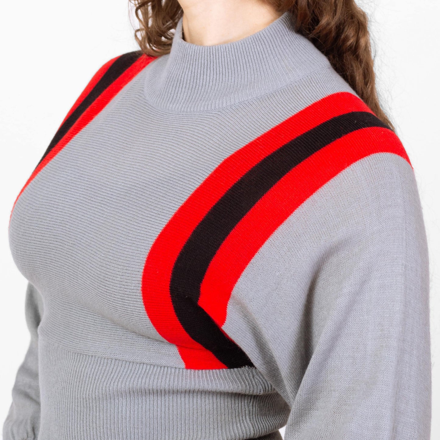 Vintage 70s Racing Striped Cropped Ski Sweater - Small | Grey Dolman Sleeve Knit Winter Jumper