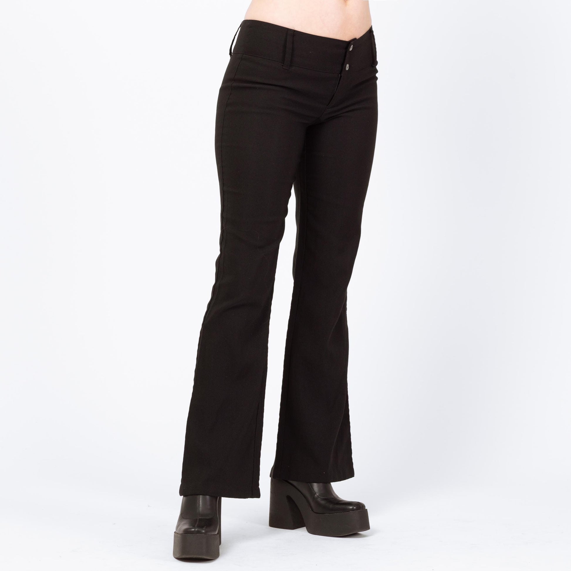 Vintage Y2K Black Low Rise Flared Pants - Small | 2000s Stretchy Bell Bottom Flares