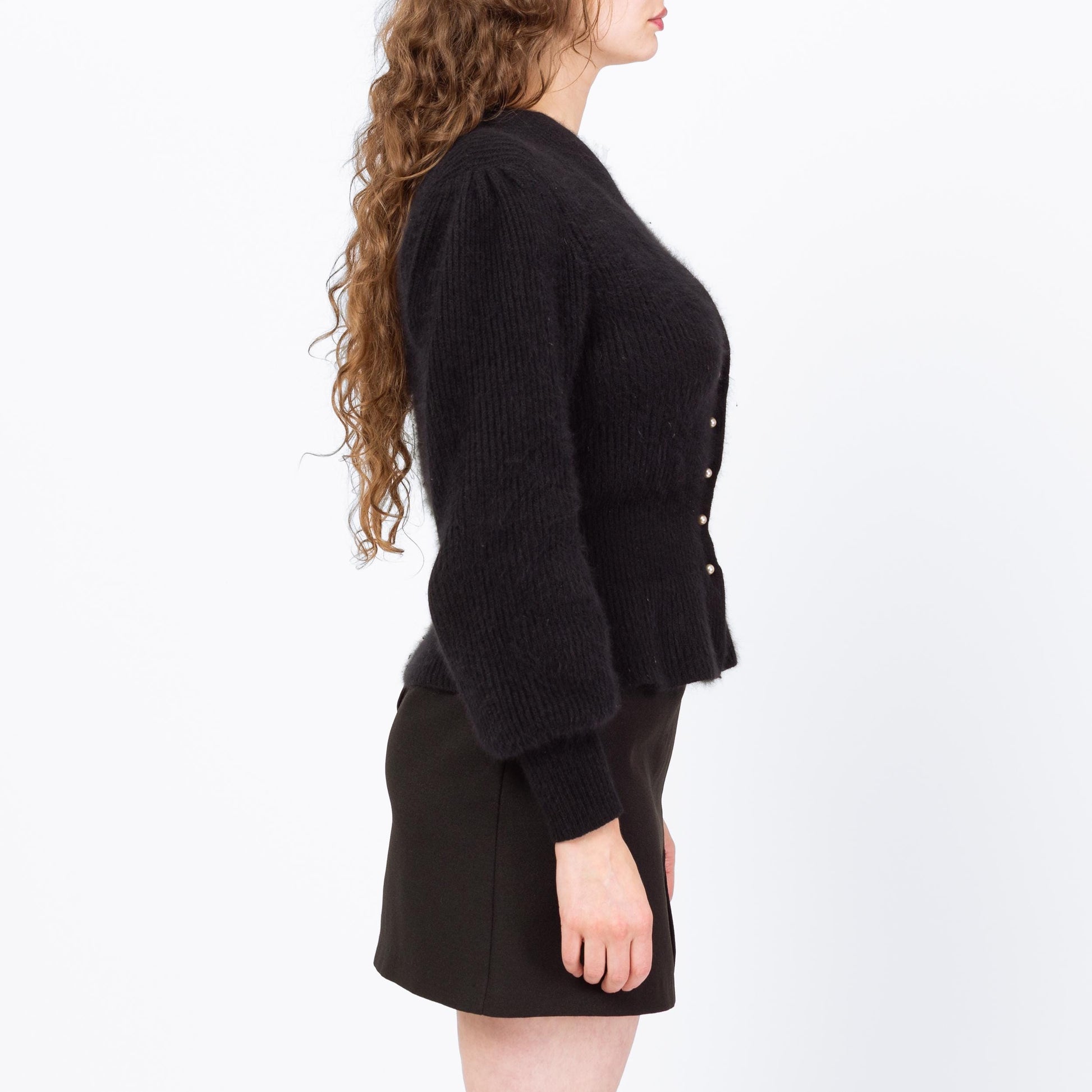 Vintage 80s Black Angora Fitted Waist Cardigan - Medium | Retro Balloon Sleeve Button Up V Neck Sweater