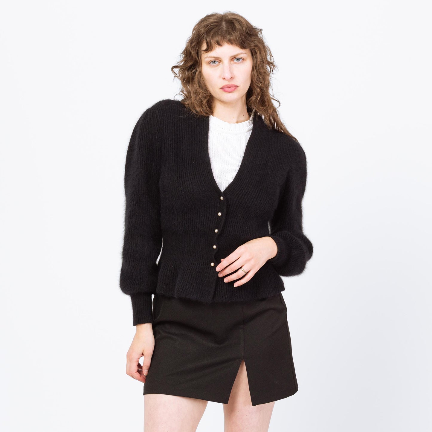 Vintage 80s Black Angora Fitted Waist Cardigan - Medium | Retro Balloon Sleeve Button Up V Neck Sweater