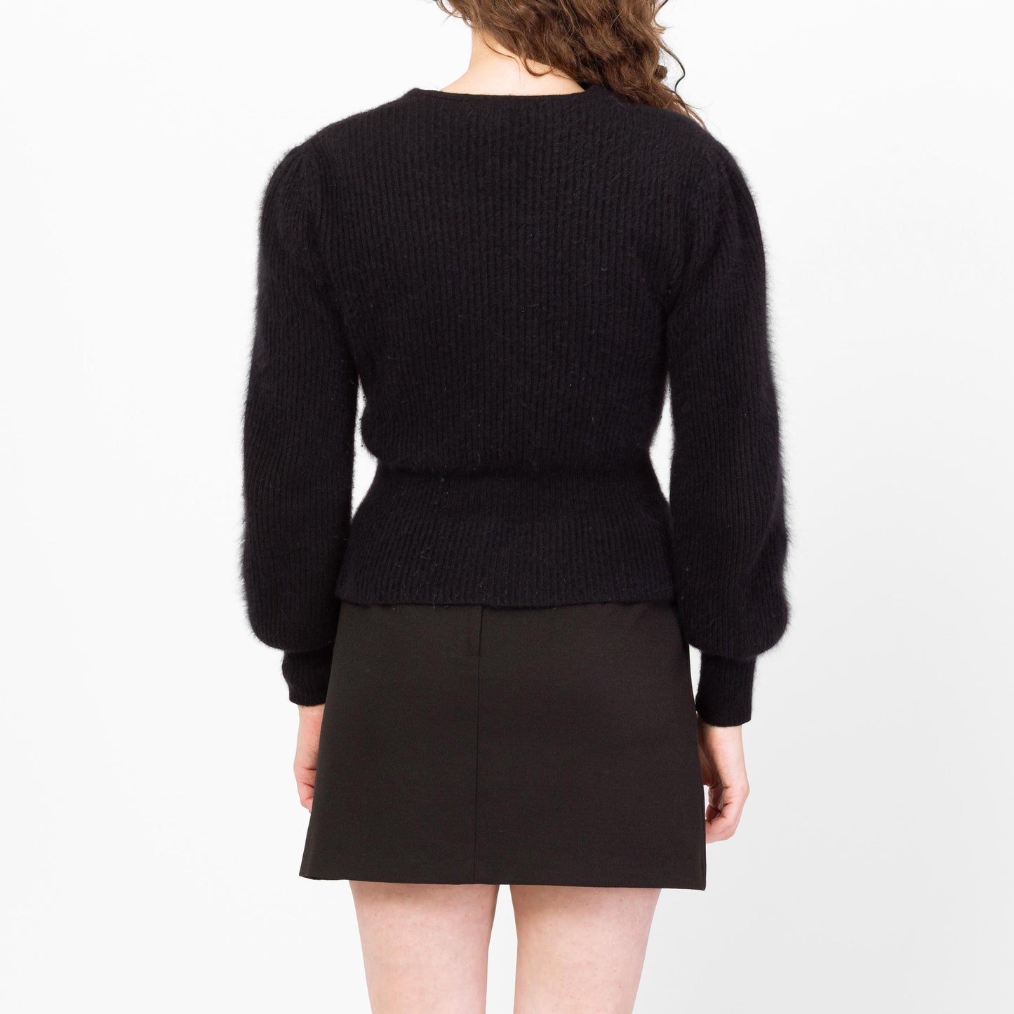 Vintage 80s Black Angora Fitted Waist Cardigan - Medium | Retro Balloon Sleeve Button Up V Neck Sweater