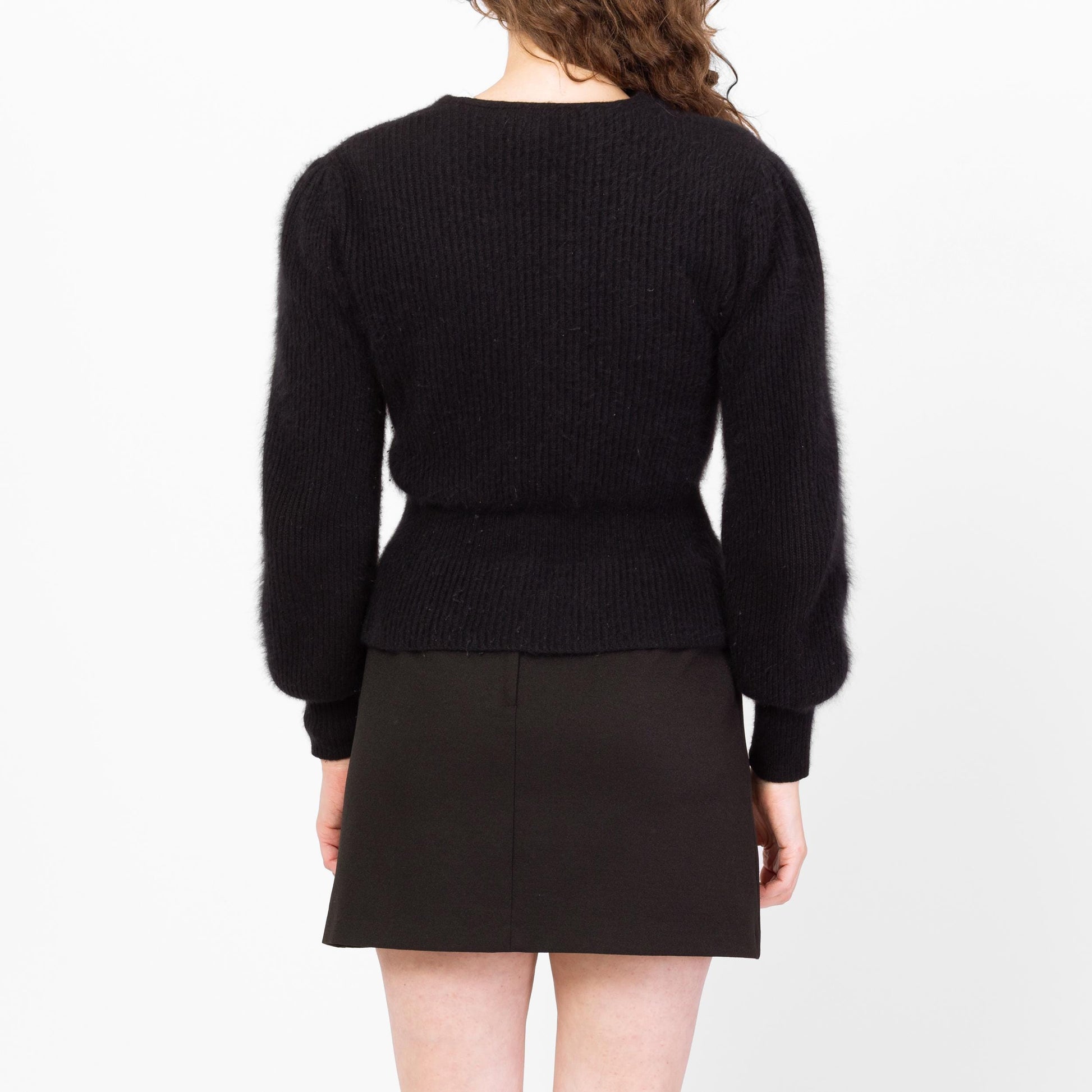 Vintage 80s Black Angora Fitted Waist Cardigan - Medium | Retro Balloon Sleeve Button Up V Neck Sweater