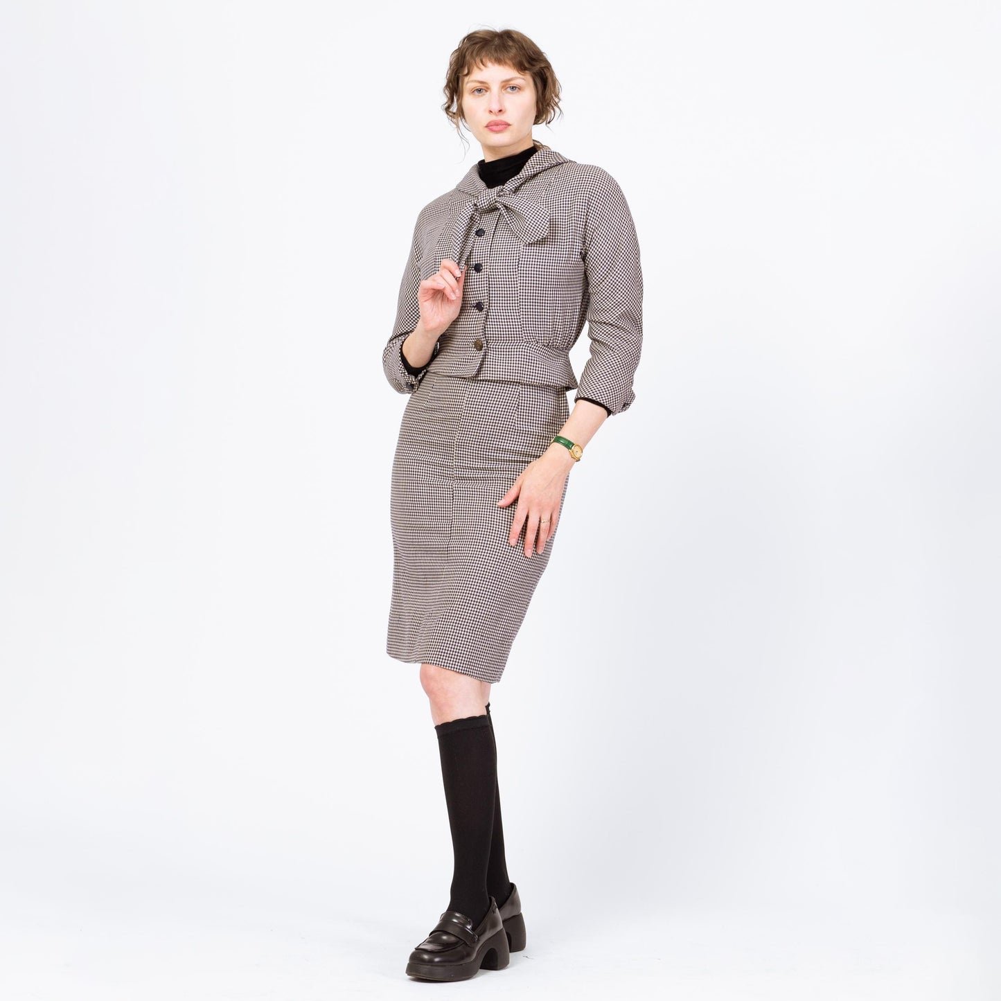 Vintage 1950s Houndstooth Fitted Blazer & Wiggle Skirt Set - Extra Small | 50s 60s Navy Blue White Button Up Matching Outfit