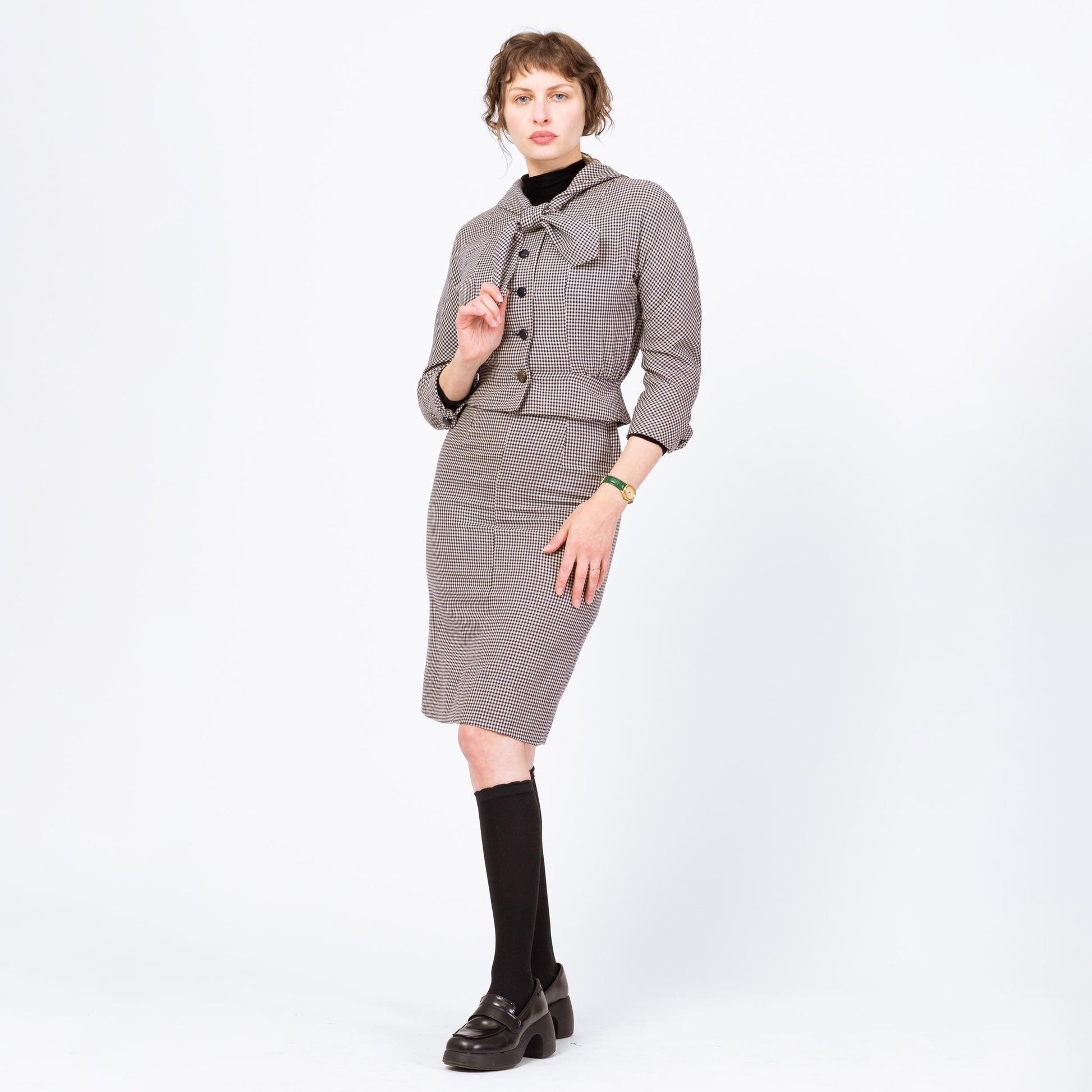 Vintage 1950s Houndstooth Fitted Blazer & Wiggle Skirt Set - Extra Small | 50s 60s Navy Blue White Button Up Matching Outfit