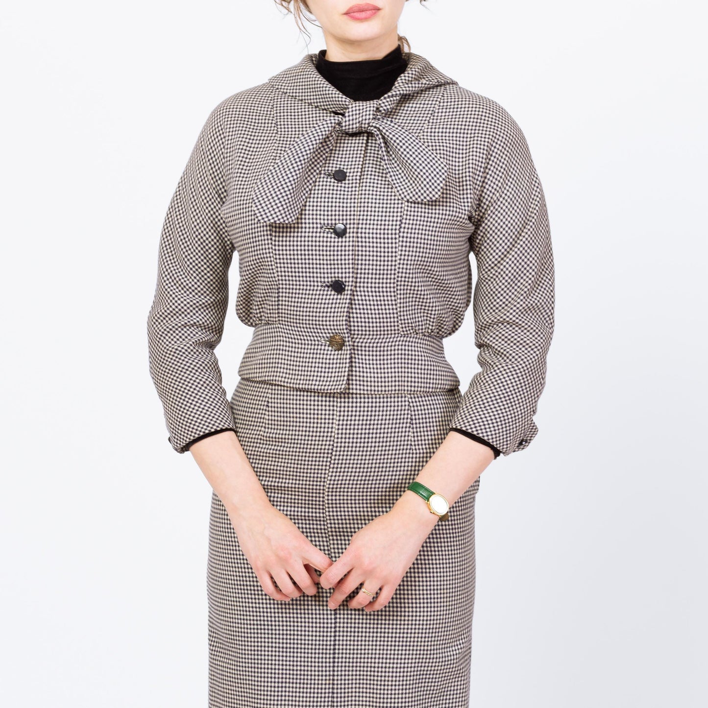 Vintage 1950s Houndstooth Fitted Blazer & Wiggle Skirt Set - Extra Small | 50s 60s Navy Blue White Button Up Matching Outfit