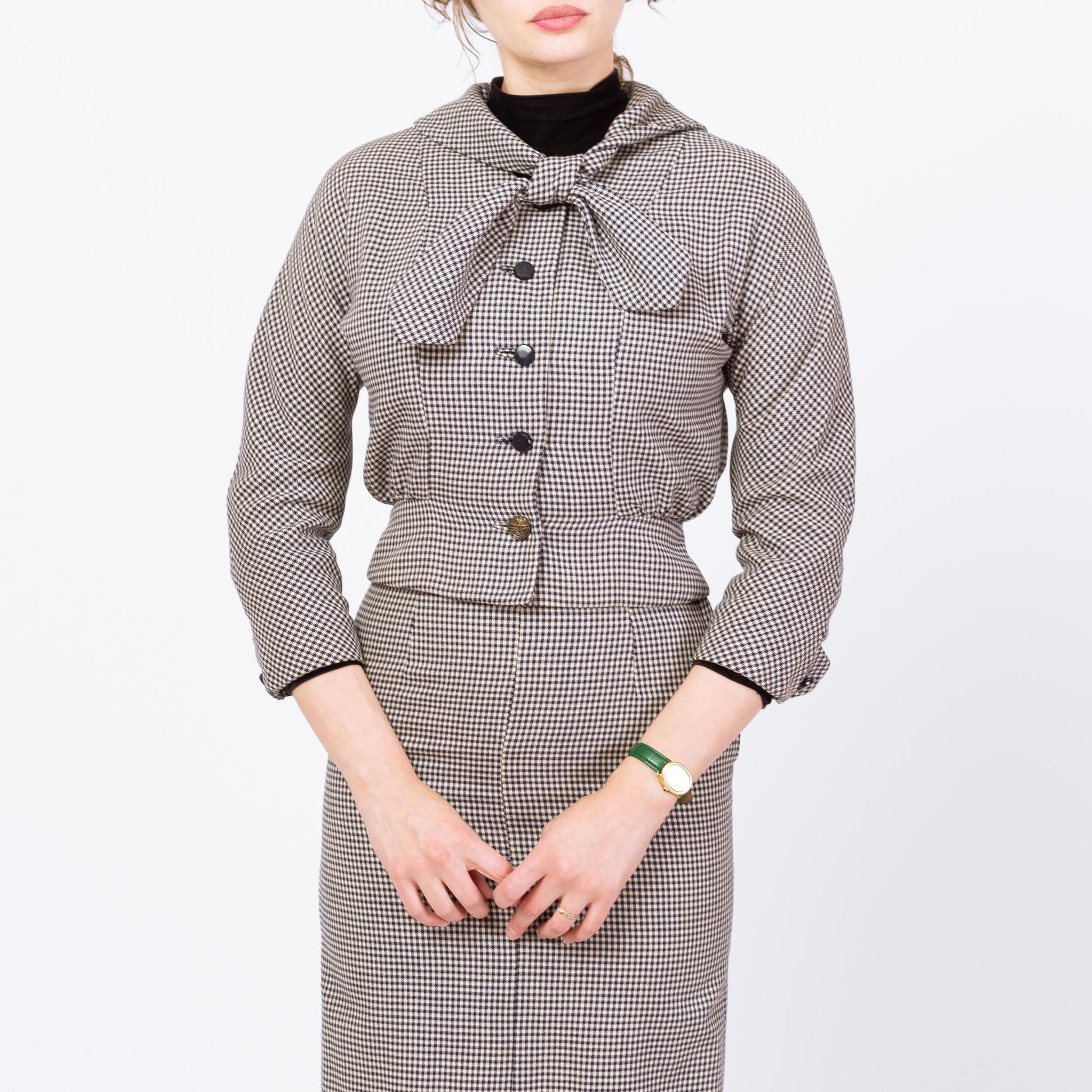 Vintage 1950s Houndstooth Fitted Blazer & Wiggle Skirt Set - Extra Small | 50s 60s Navy Blue White Button Up Matching Outfit