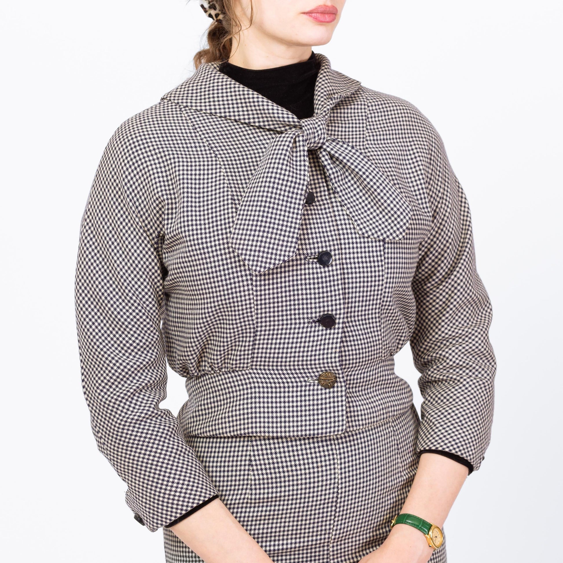Vintage 1950s Houndstooth Fitted Blazer & Wiggle Skirt Set - Extra Small | 50s 60s Navy Blue White Button Up Matching Outfit