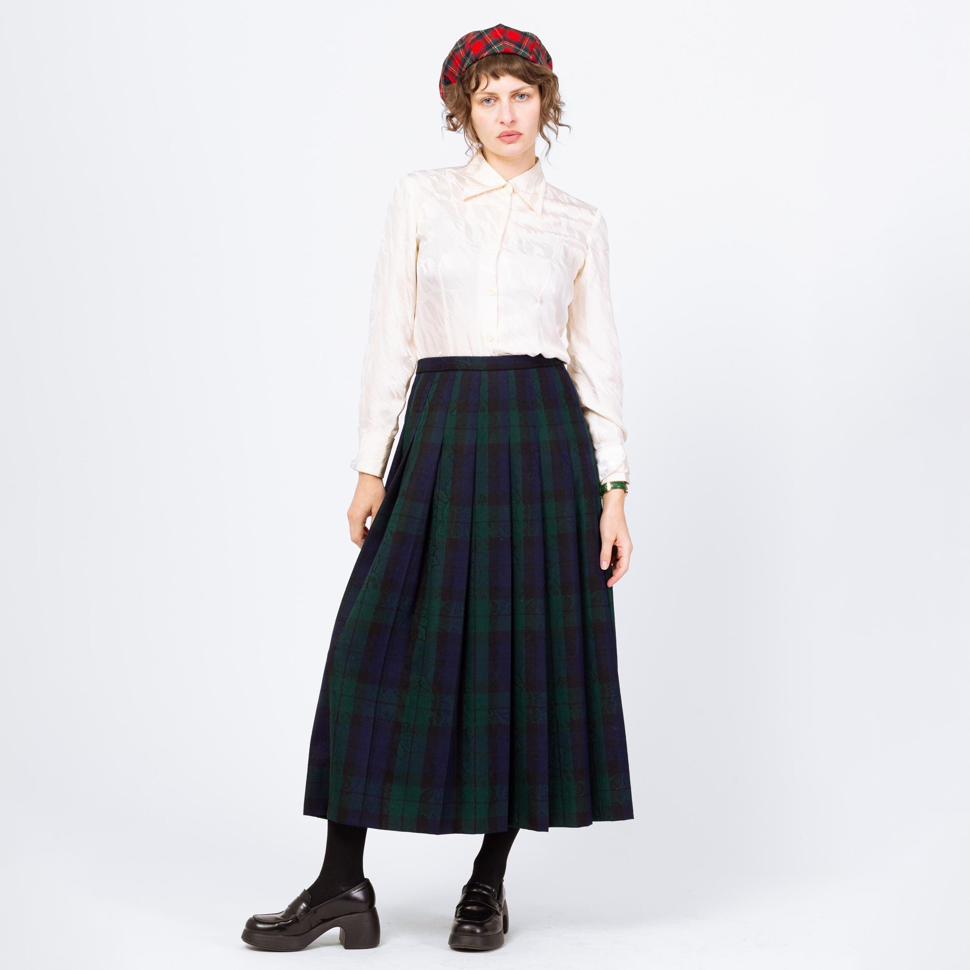 Vintage 90s Pendleton Navy & Green Plaid Floral Maxi Skirt - Medium, 28"-29" Waist | Dark Academia Pleated High Waisted A Line Skirt