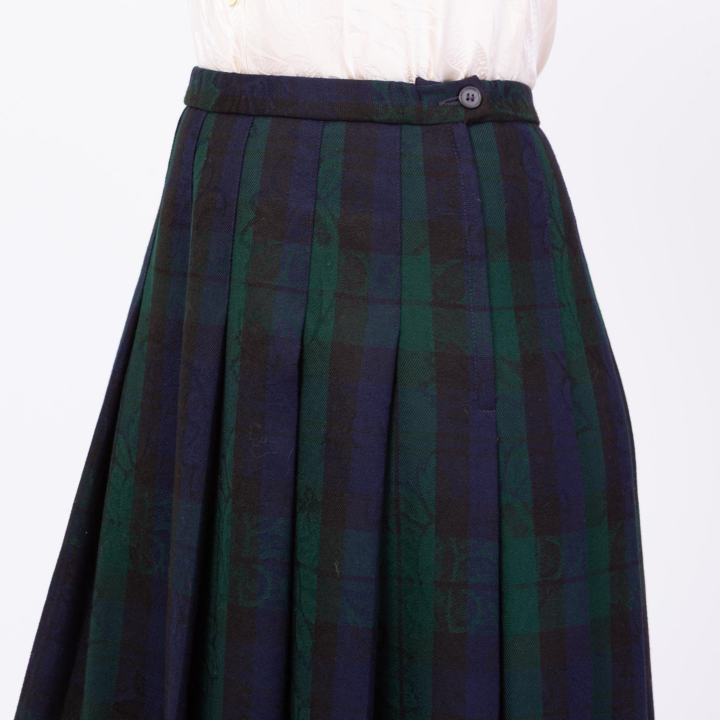 Vintage 90s Pendleton Navy & Green Plaid Floral Maxi Skirt - Medium, 28"-29" Waist | Dark Academia Pleated High Waisted A Line Skirt
