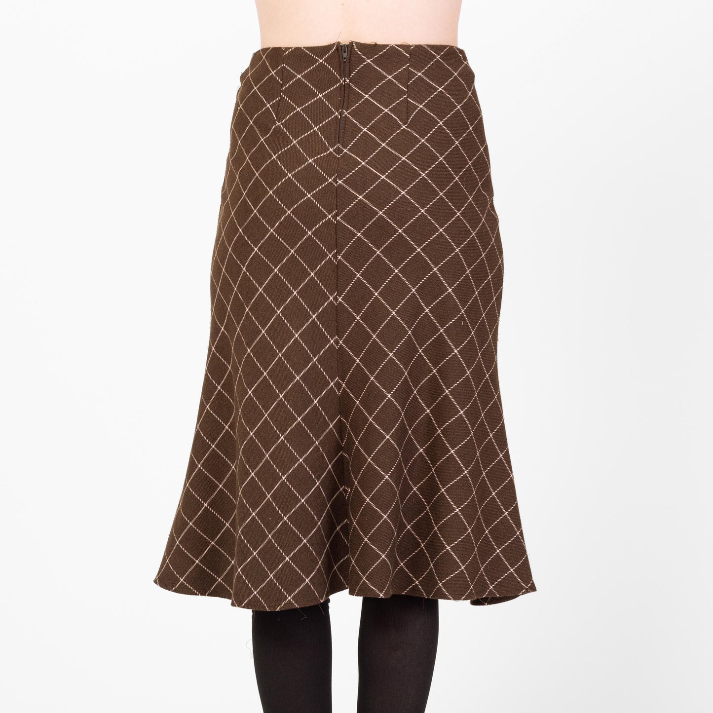 Vintage 90s Brown Windowpane Plaid A Line Midi Skirt - Small | Preppy Mid Rise Trumpet Skirt