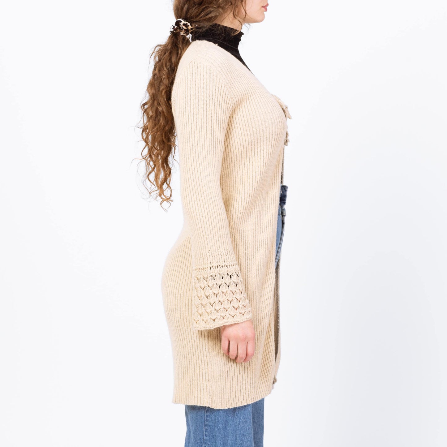 Vintage 90s Cream Eyelet Knit Long Cardigan - Medium | Boho Longline Bell Sleeve Sweater Cover Up