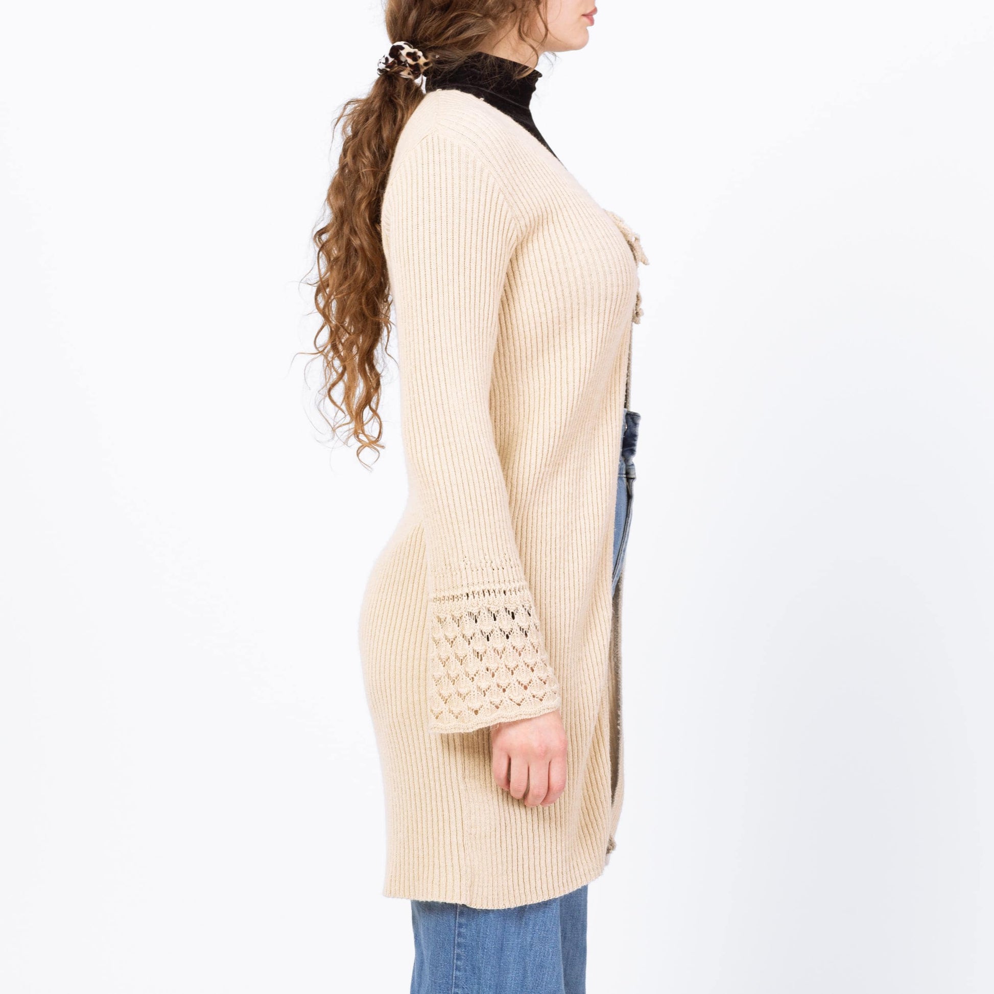 Vintage 90s Cream Eyelet Knit Long Cardigan - Medium | Boho Longline Bell Sleeve Sweater Cover Up