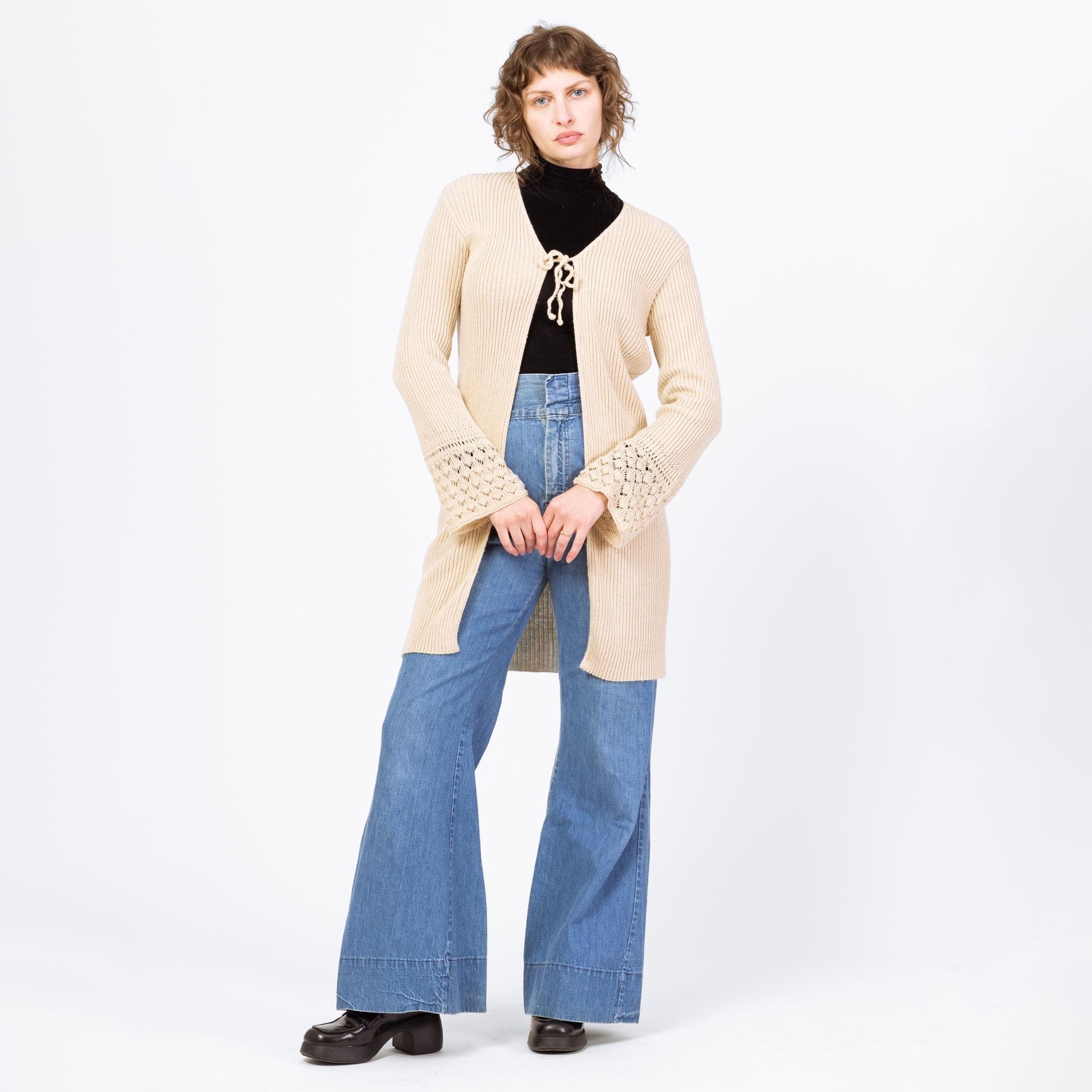 Vintage 90s Cream Eyelet Knit Long Cardigan - Medium | Boho Longline Bell Sleeve Sweater Cover Up