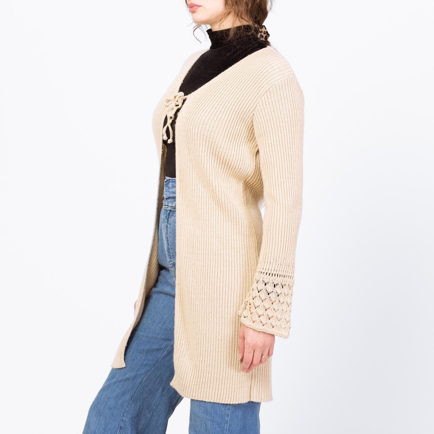 Vintage 90s Cream Eyelet Knit Long Cardigan - Medium | Boho Longline Bell Sleeve Sweater Cover Up