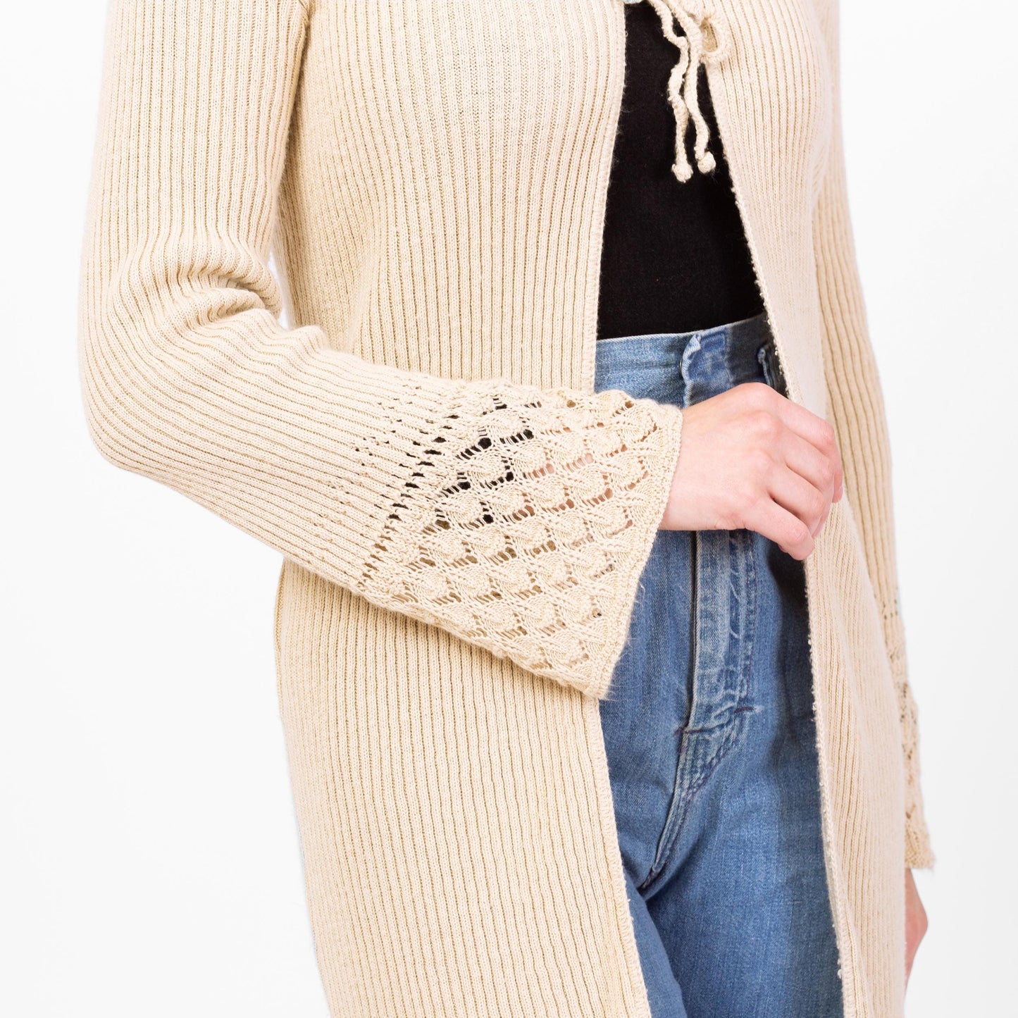 Vintage 90s Cream Eyelet Knit Long Cardigan - Medium | Boho Longline Bell Sleeve Sweater Cover Up