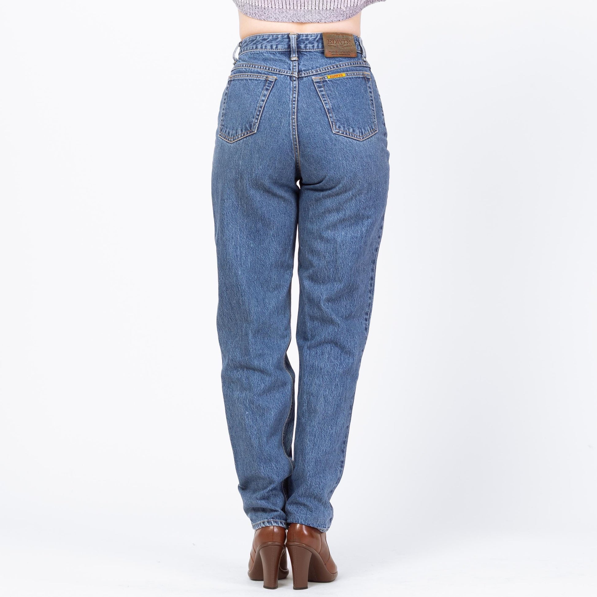 Vintage 90s Medium Wash Denim Jeans - 27x32 | High Waisted Tapered Leg Long Inseam Mom Jeans