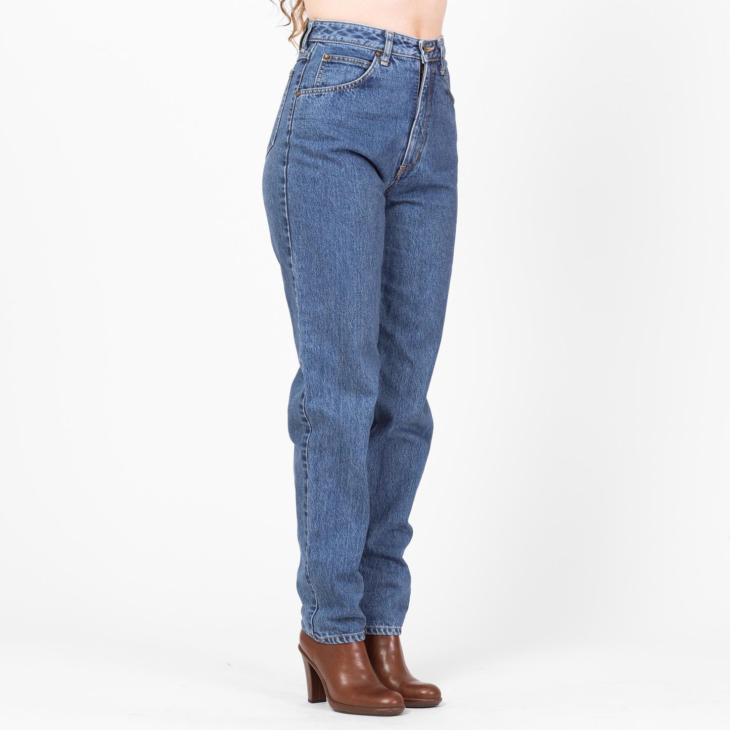 Vintage 90s Medium Wash Denim Jeans - 27x32 | High Waisted Tapered Leg Long Inseam Mom Jeans