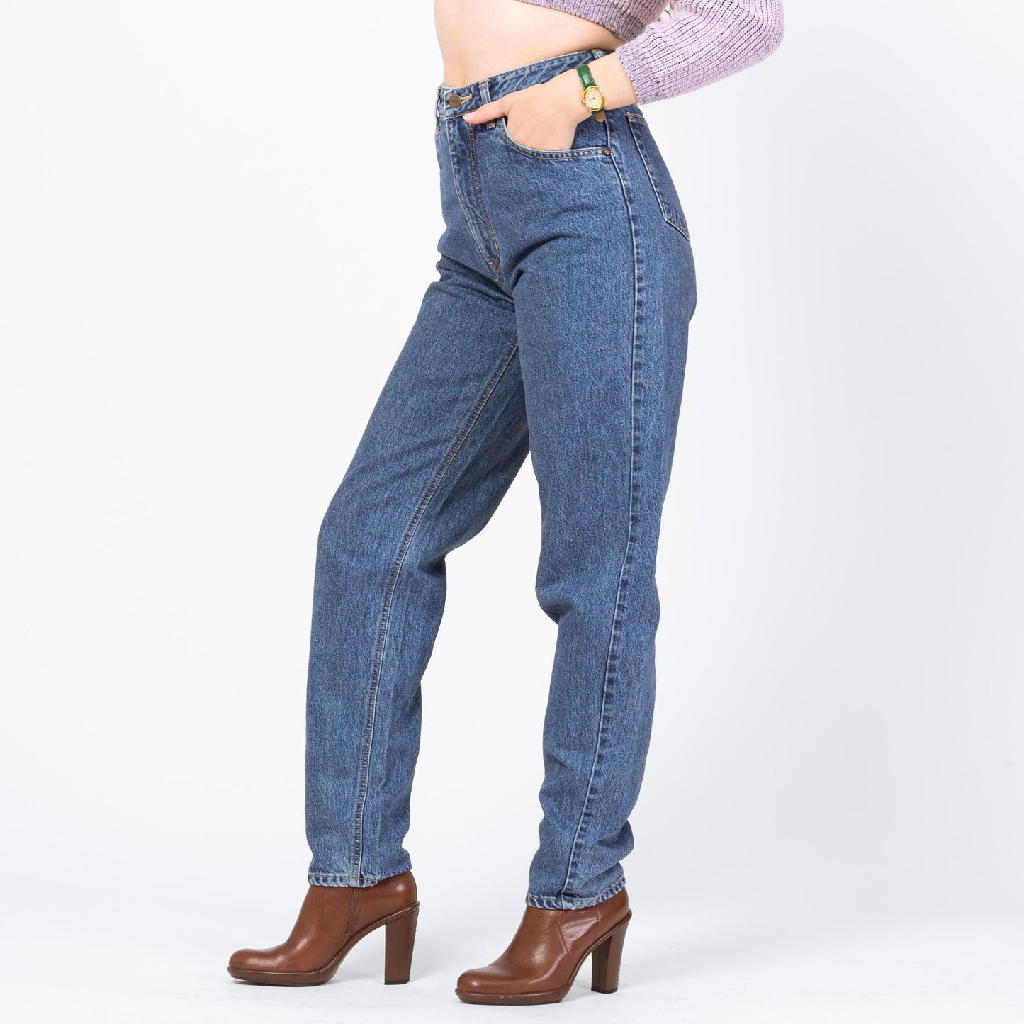 Vintage 90s Medium Wash Denim Jeans - 27x32 | High Waisted Tapered Leg Long Inseam Mom Jeans