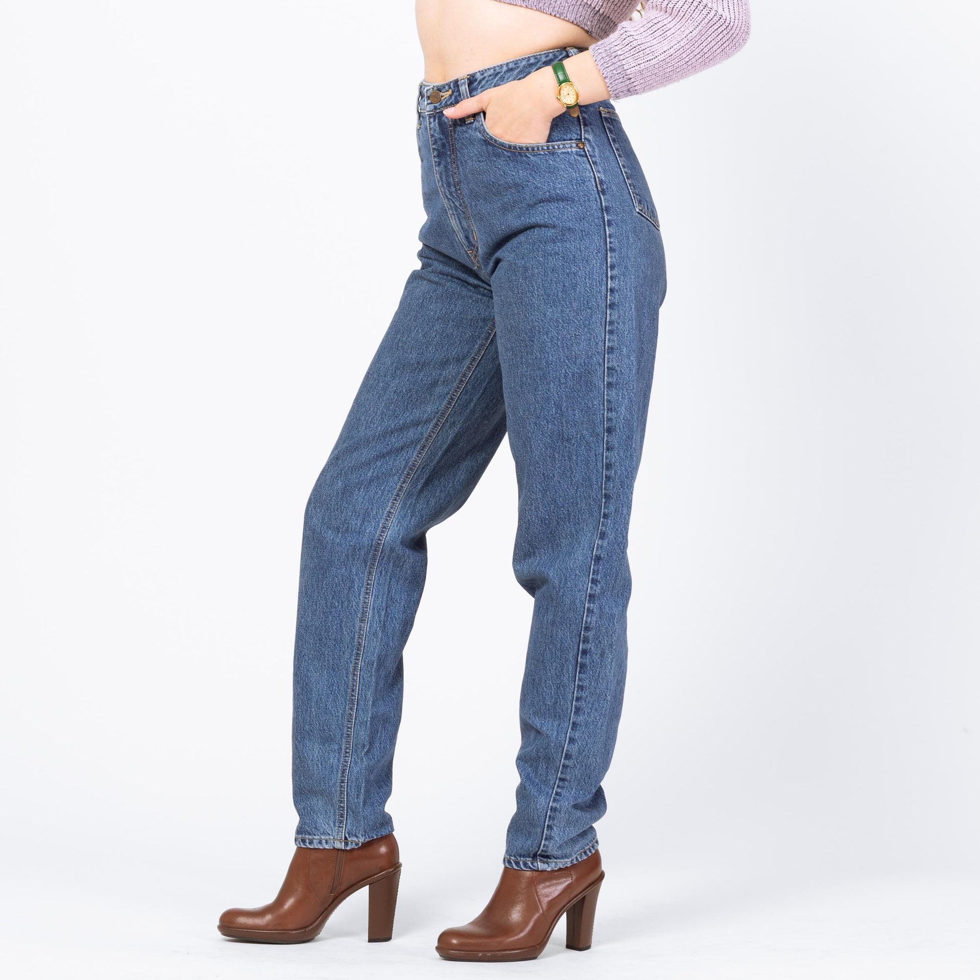 Vintage 90s Medium Wash Denim Jeans - 27x32 | High Waisted Tapered Leg Long Inseam Mom Jeans