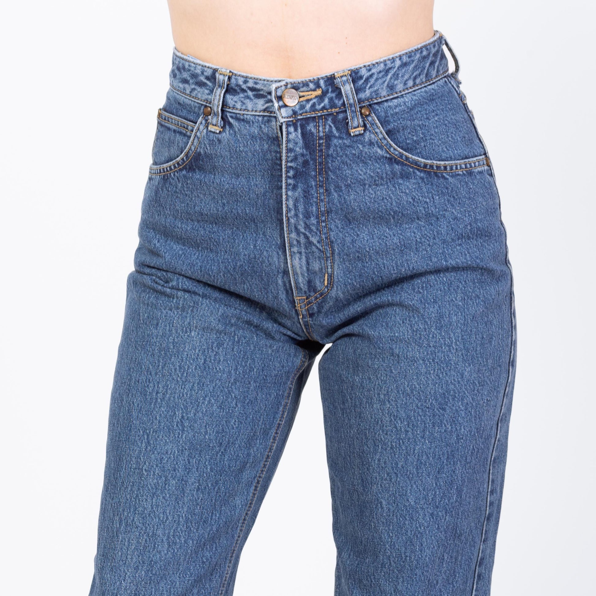 Vintage 90s Medium Wash Denim Jeans - 27x32 | High Waisted Tapered Leg Long Inseam Mom Jeans