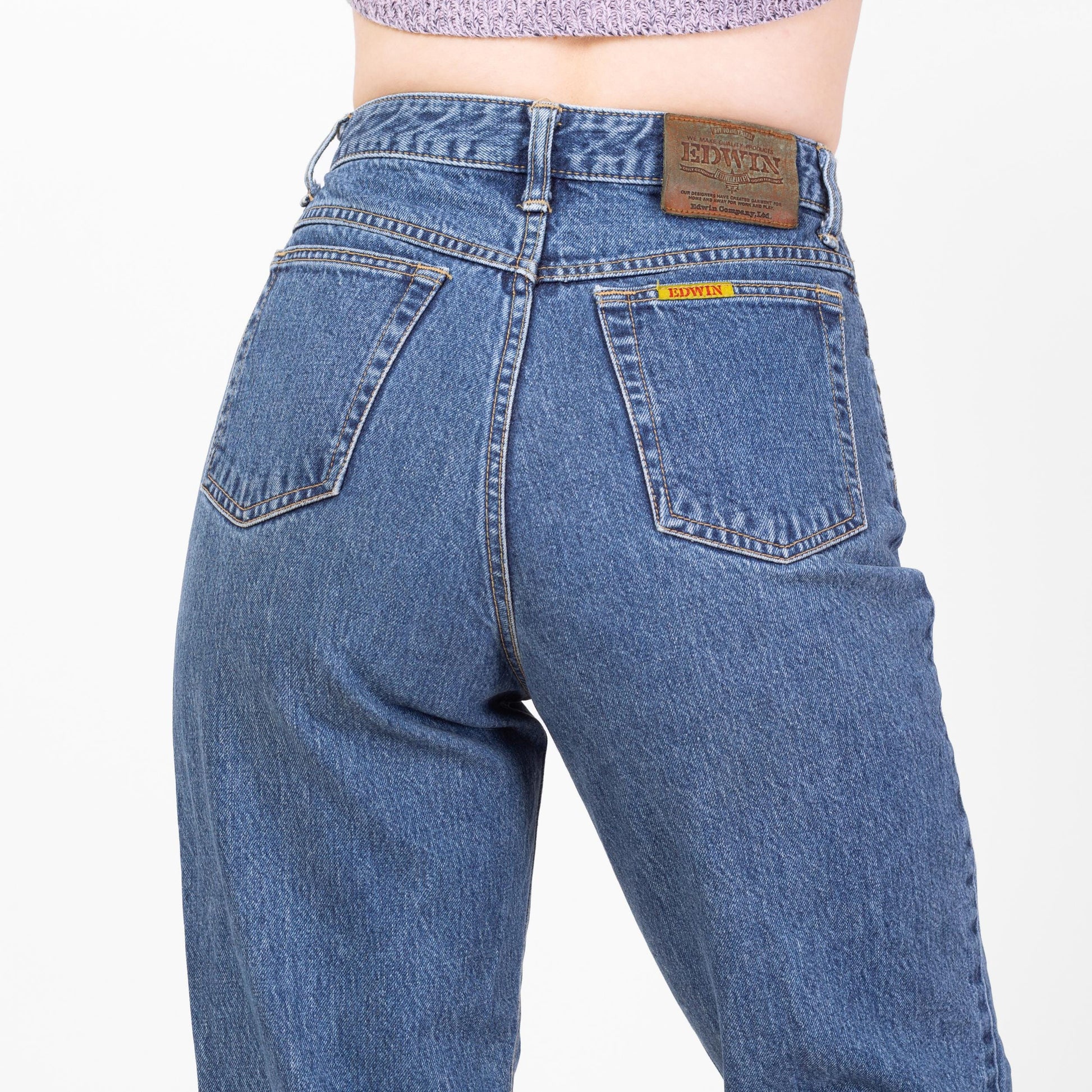 Vintage 90s Medium Wash Denim Jeans - 27x32 | High Waisted Tapered Leg Long Inseam Mom Jeans