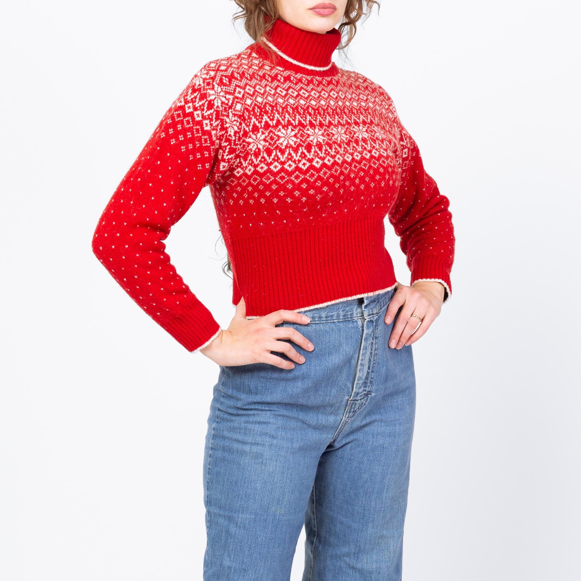 Vintage 90s Red Fair Isle Cropped Sweater - Medium | Retro Knit Nordic Turtleneck Pullover