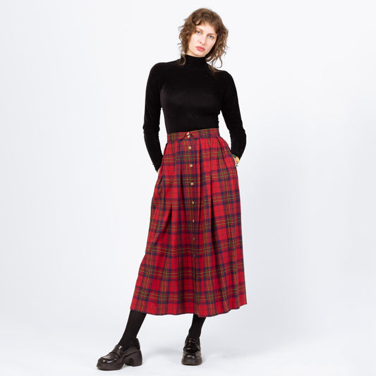 Vintage 80s Red Plaid Midi Pocket Skirt - Small, 27" Waist | A Line High Waist Retro Button Up Skirt