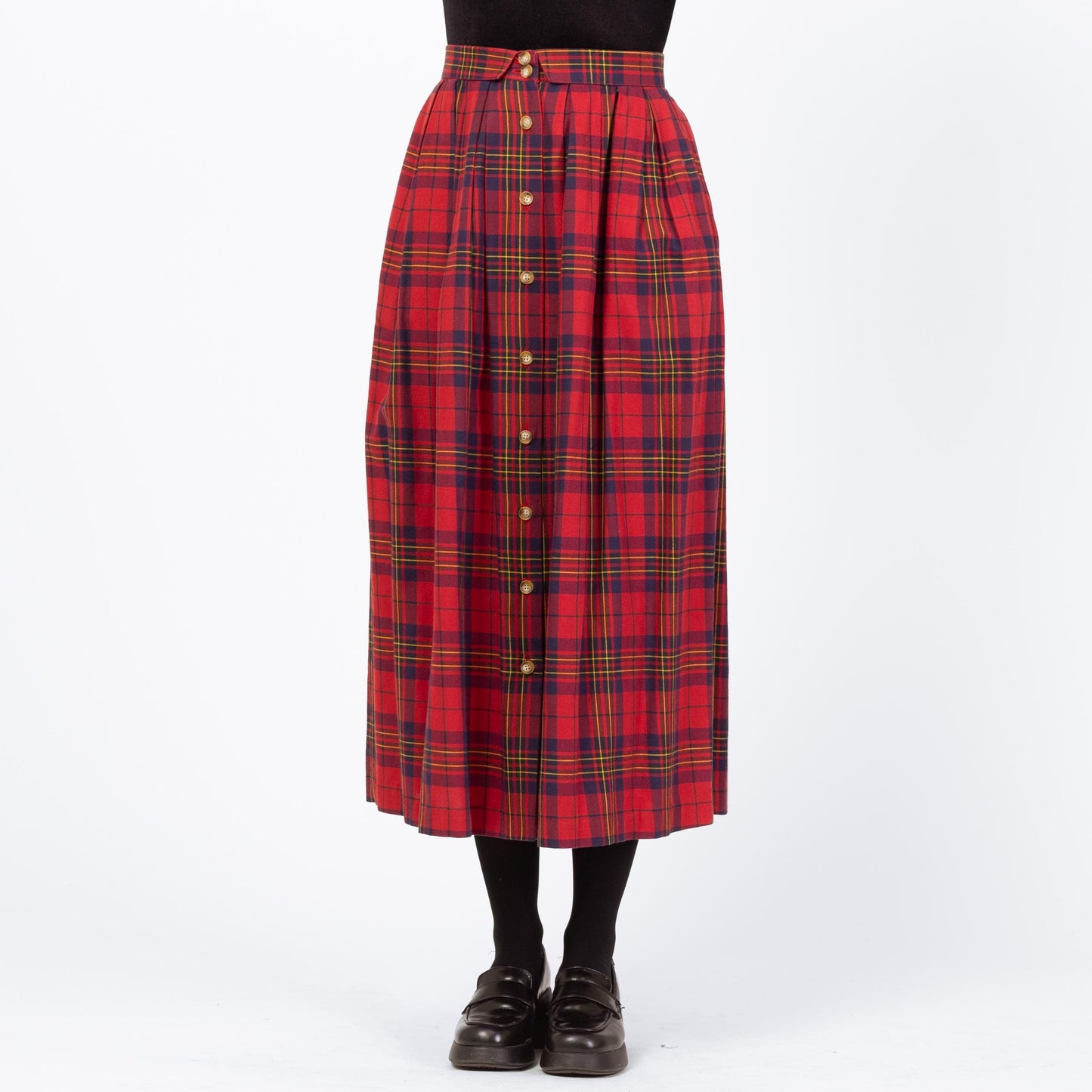 Vintage 80s Red Plaid Midi Pocket Skirt - Small, 27" Waist | A Line High Waist Retro Button Up Skirt