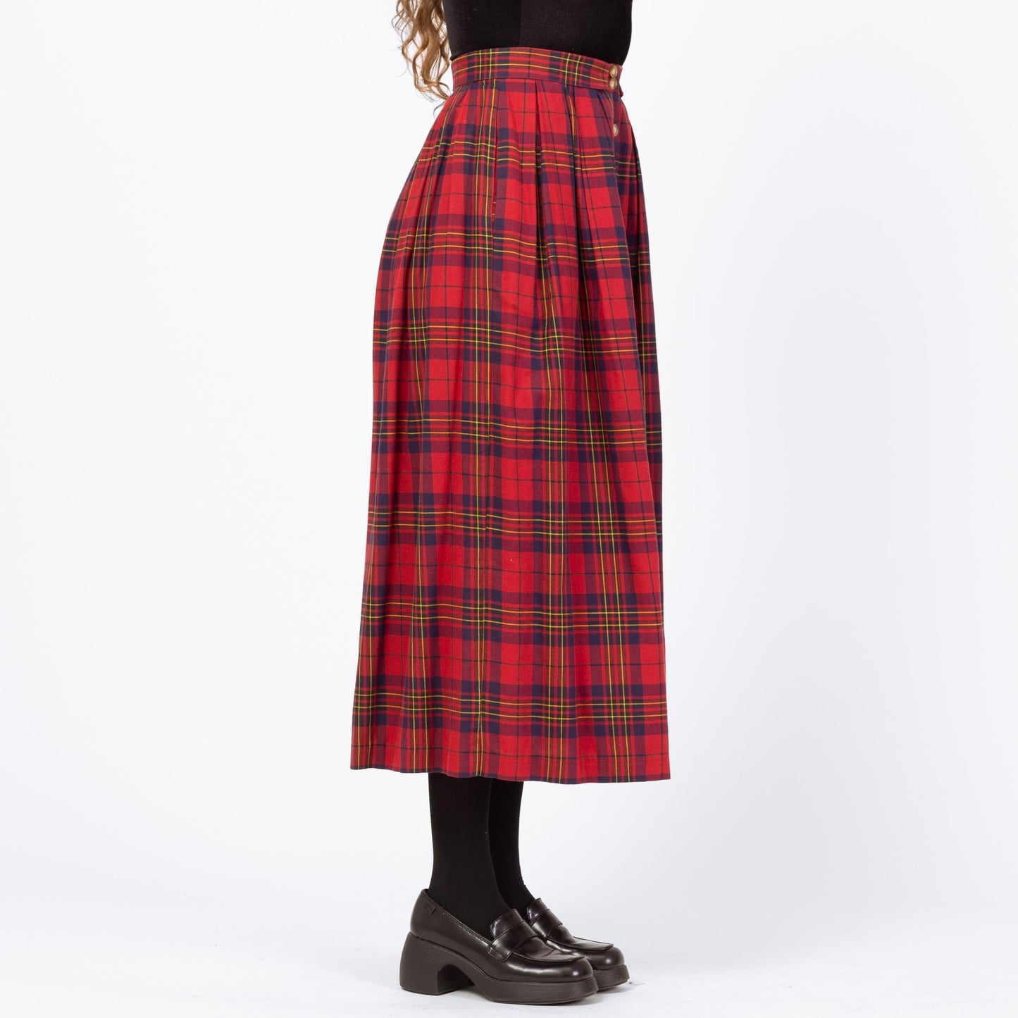 Vintage 80s Red Plaid Midi Pocket Skirt - Small, 27" Waist | A Line High Waist Retro Button Up Skirt