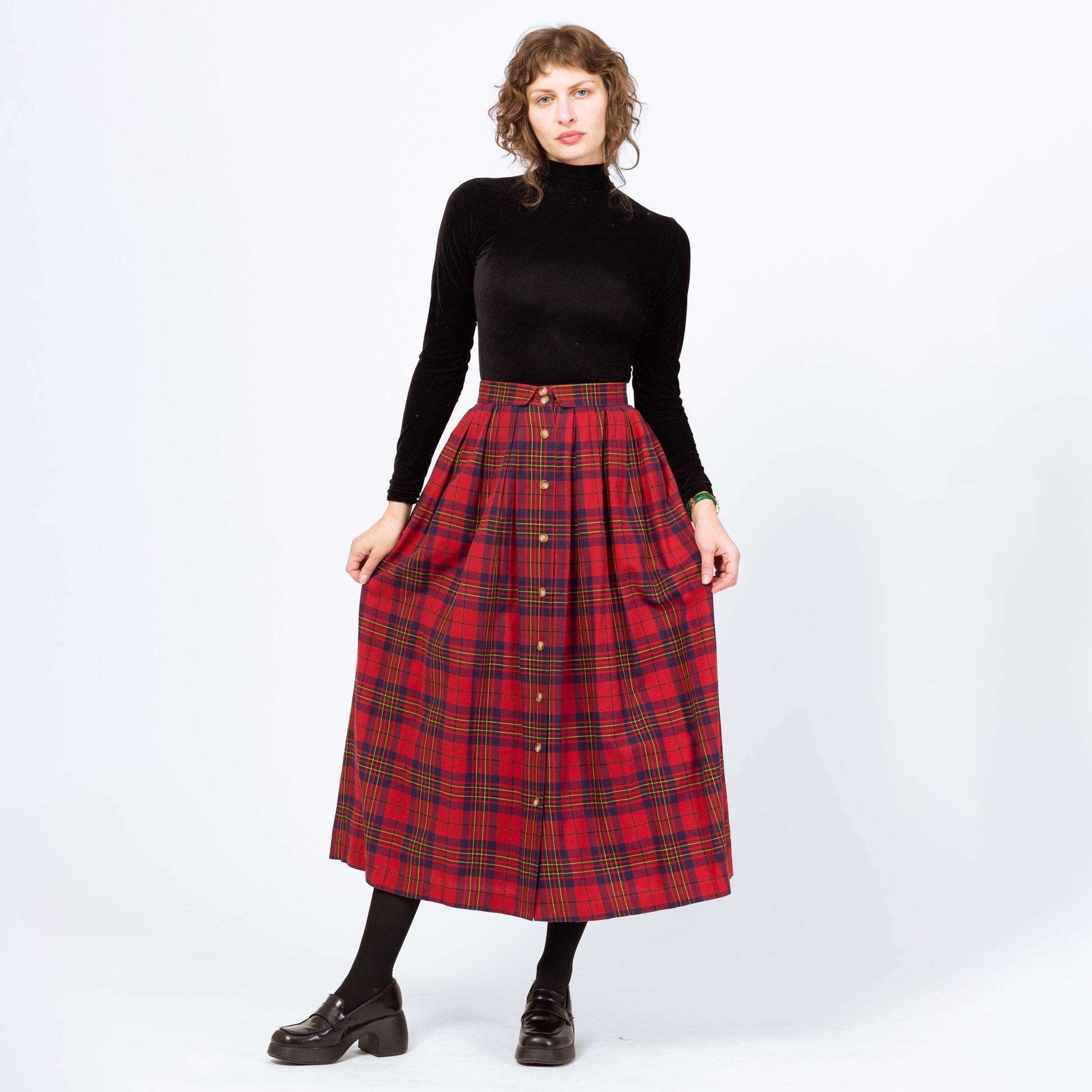 Vintage 80s Red Plaid Midi Pocket Skirt - Small, 27" Waist | A Line High Waist Retro Button Up Skirt